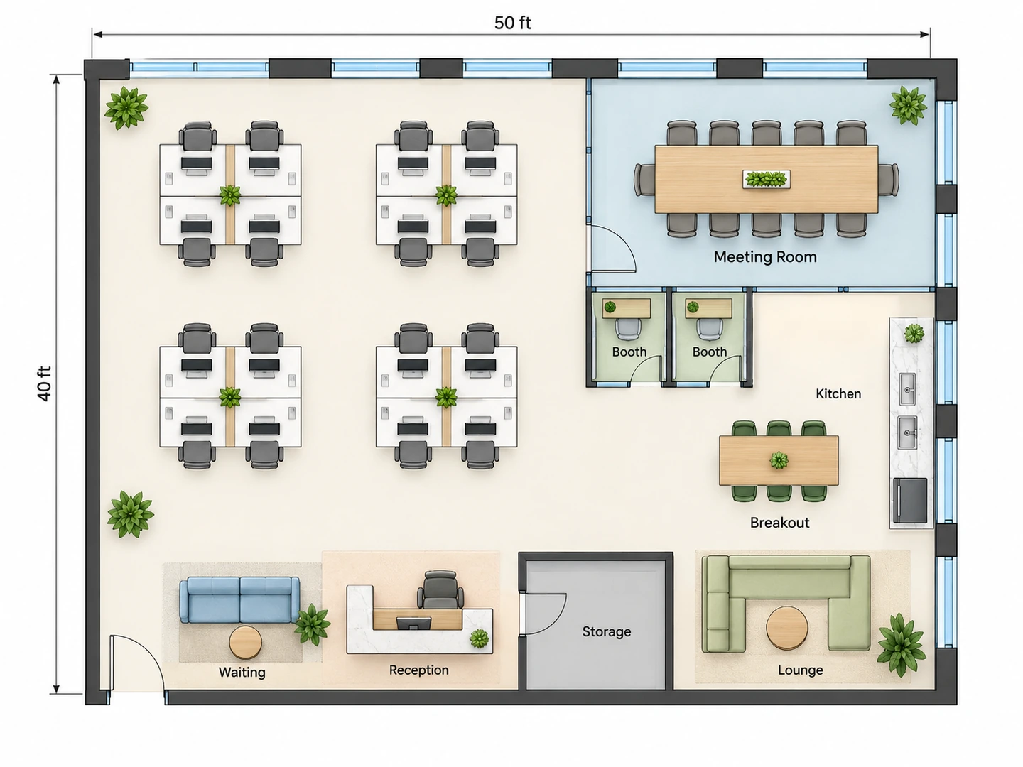Colored 2D floor plan of a 2,000 sq ft open office with 16 desks in pods