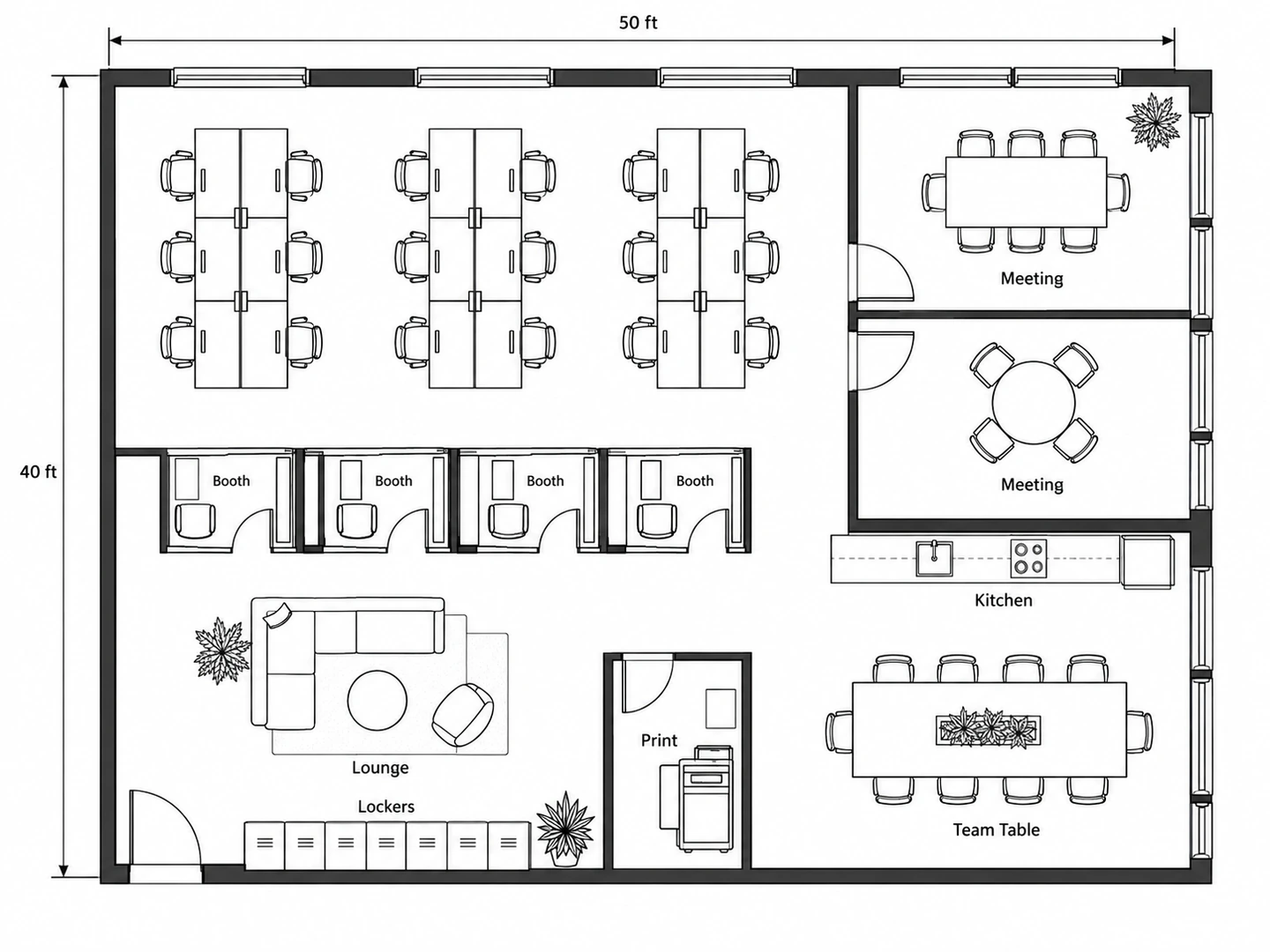 Hybrid office floor plan with hot desks, focus booths, lockers and two meeting rooms