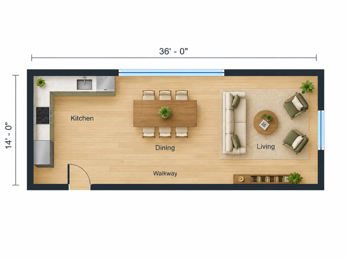 36×14 ft long open plan with the walkway along one side, not through the zones — After
