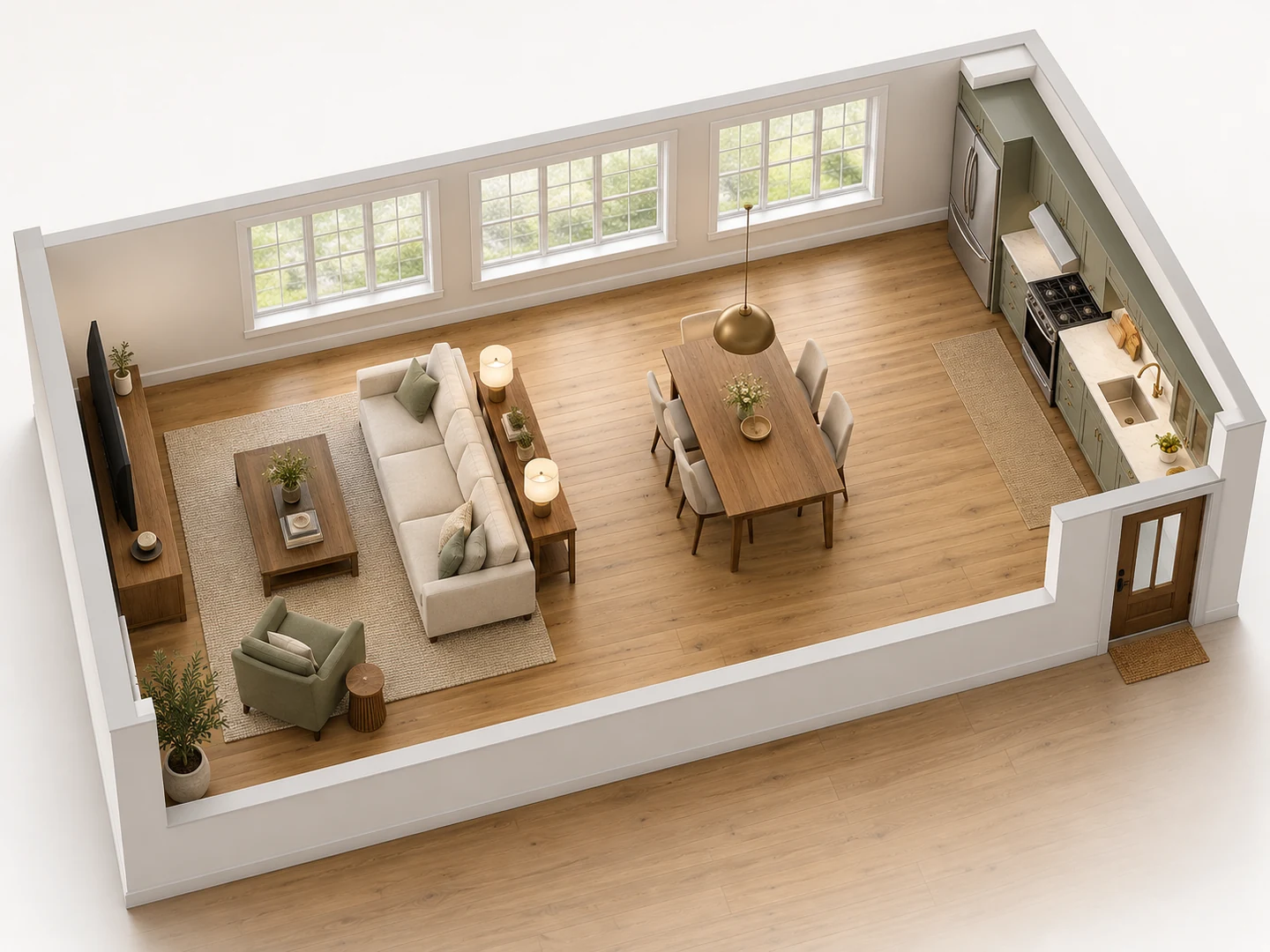 28×16 ft living and dining split by the sofa back, shown in 3D — After