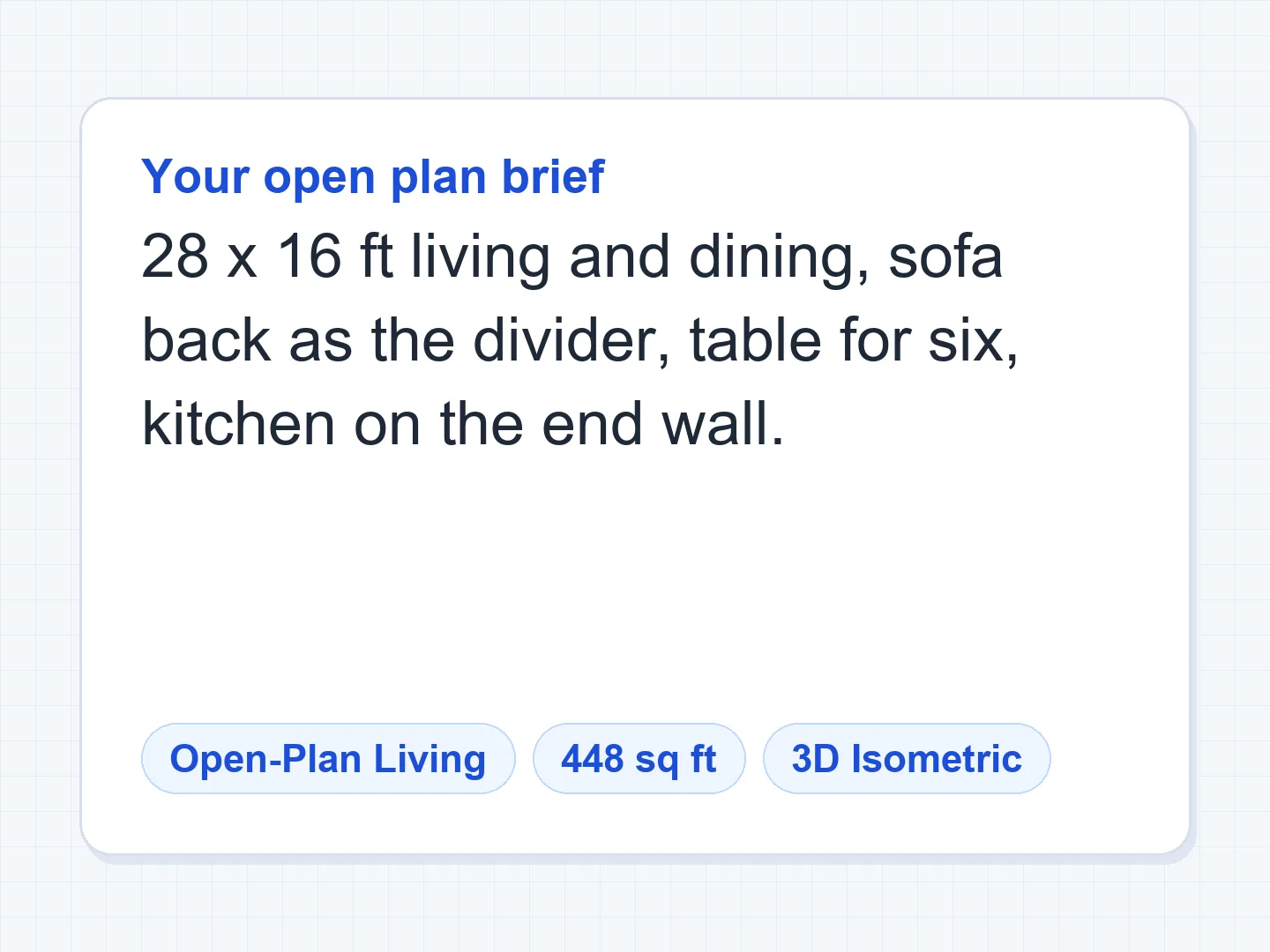 28×16 ft living and dining split by the sofa back, shown in 3D — Before