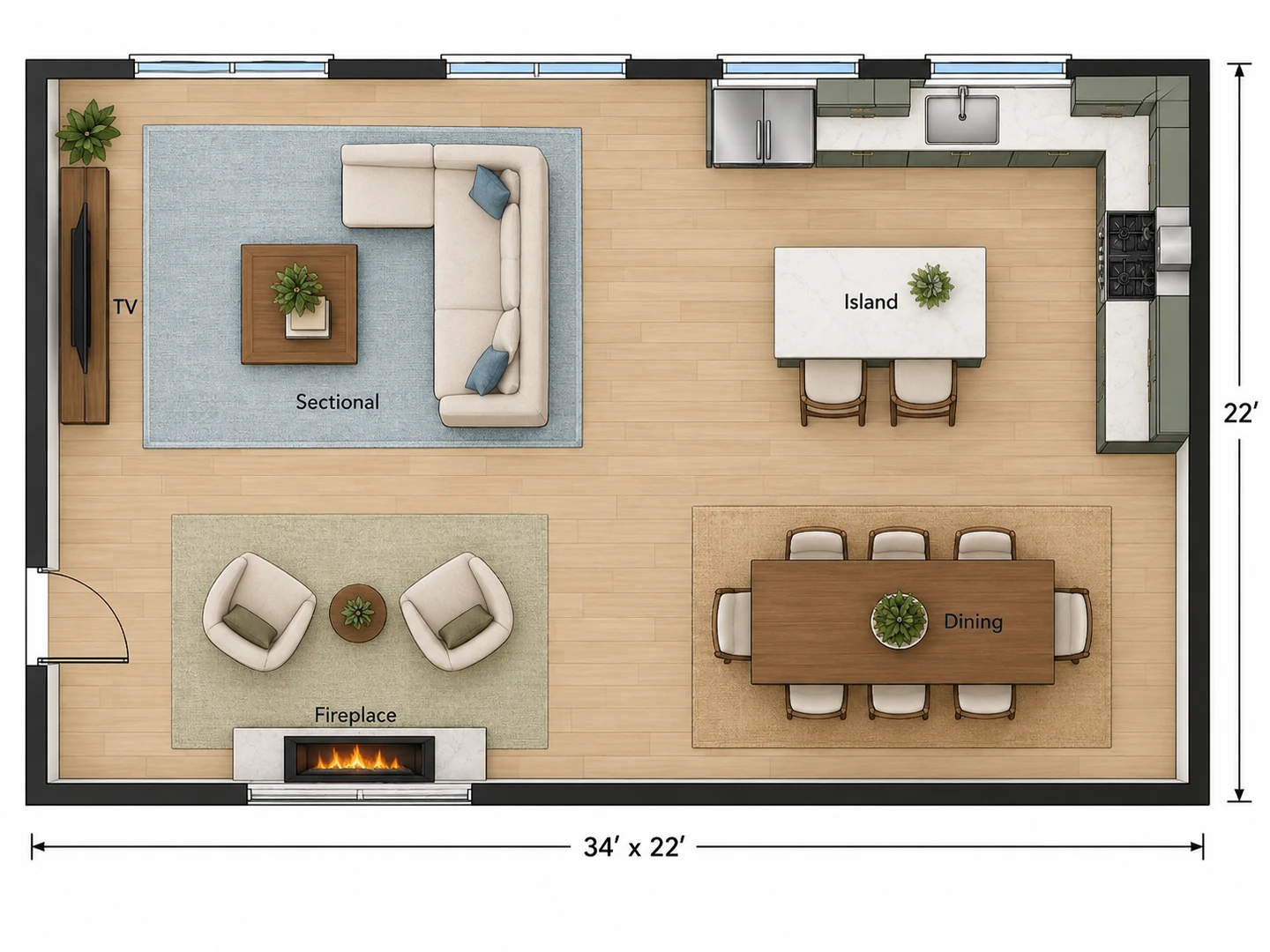 Open floor plan furniture placement with a TV area, a fireplace seating area, an island kitchen and dining for eight