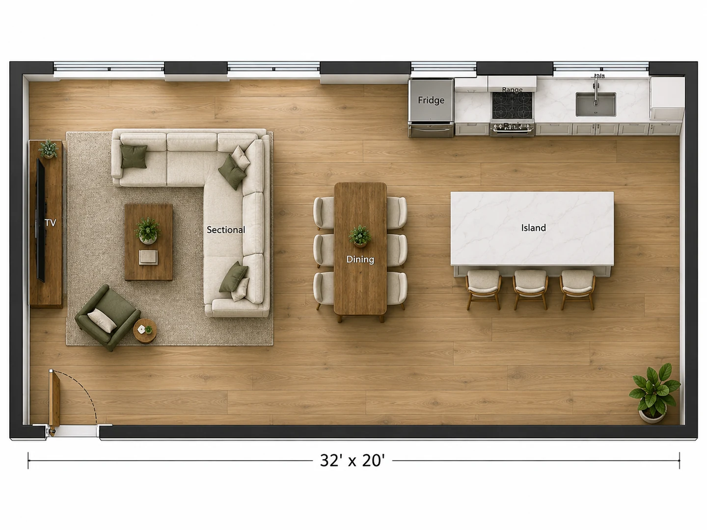 Great room layout with an island kitchen, a dining table at the island’s end and a sectional