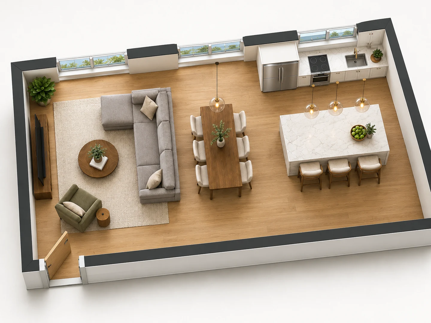 Open plan 3D view of a great room with a kitchen island, dining table and sectional