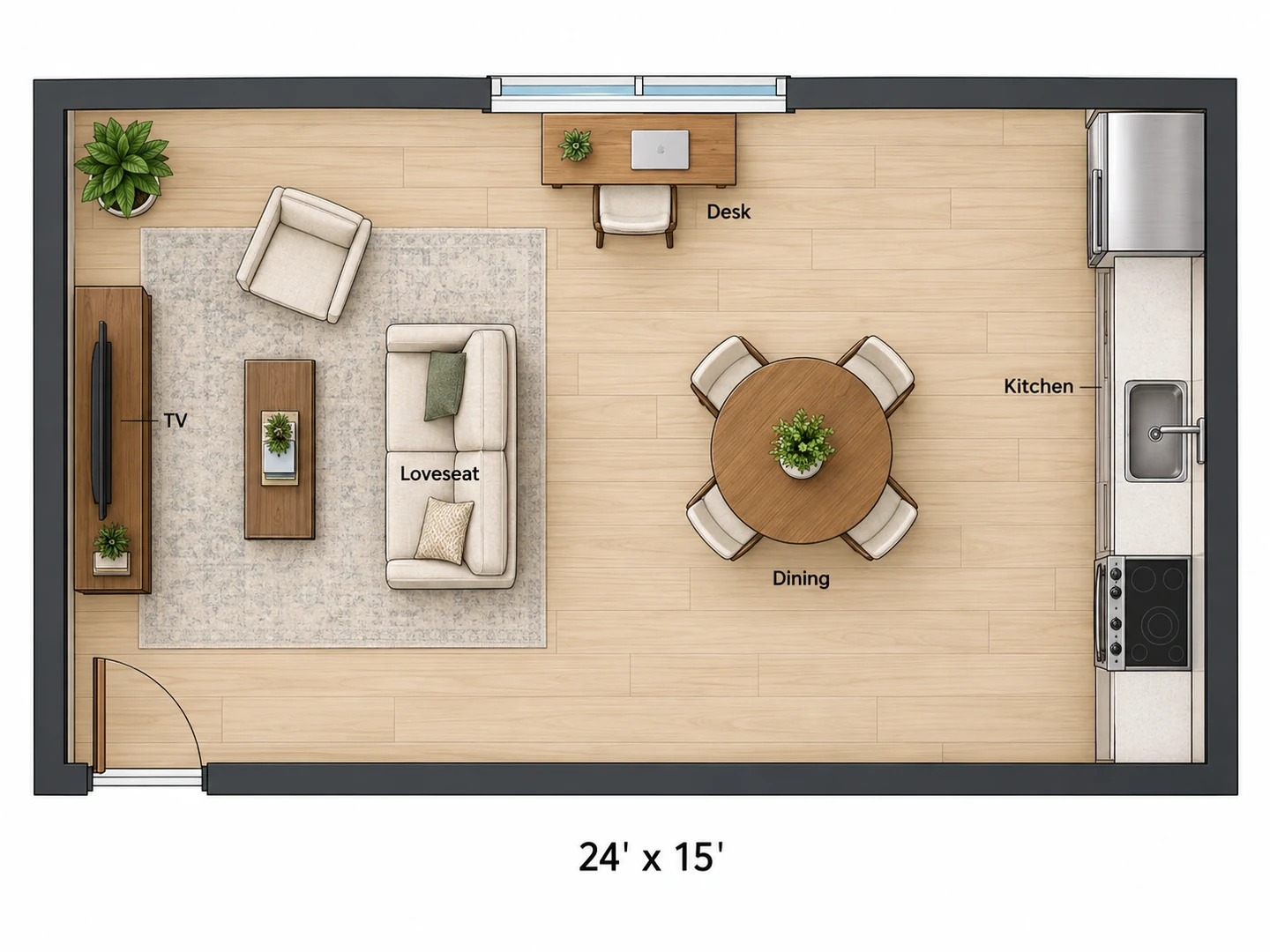 Open plan furniture layout for a 24 by 15 ft condo with kitchen, dining, living area and a desk nook