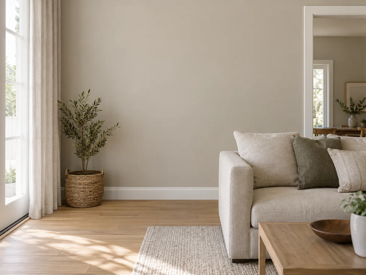 A warm greige wall beside a linen sofa, an olive tree and light oak flooring