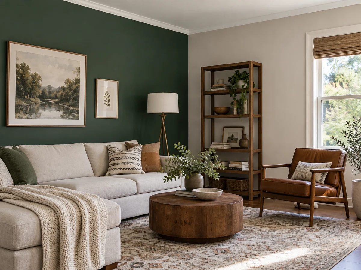 A forest green accent wall with framed art behind a sofa, the side wall left pale