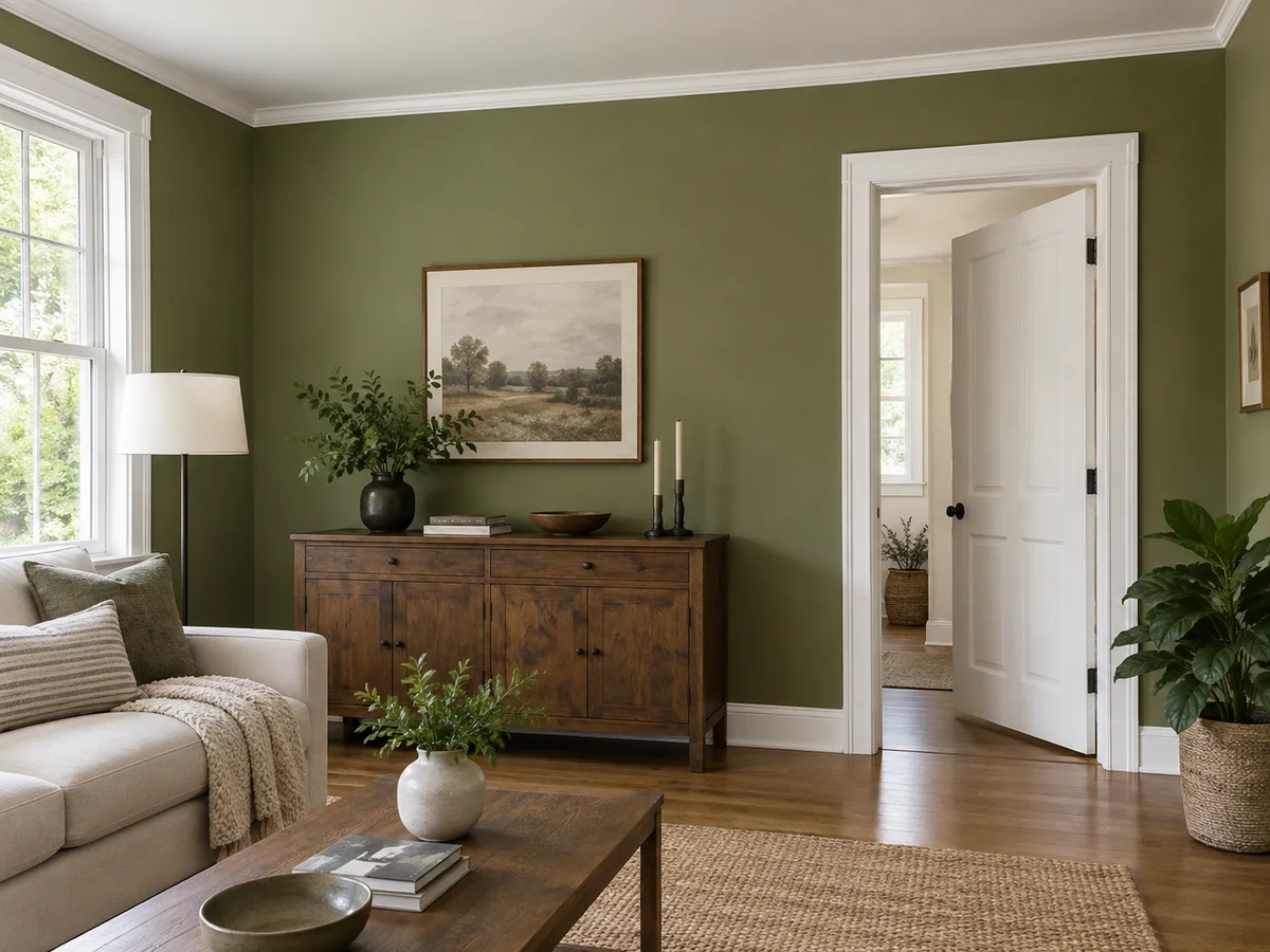 Olive Green walls with the white trim, door and ceiling left as they were