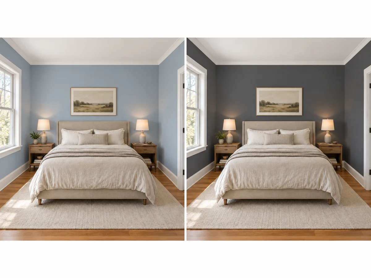 The same bedroom previewed in dusty blue and in charcoal, side by side