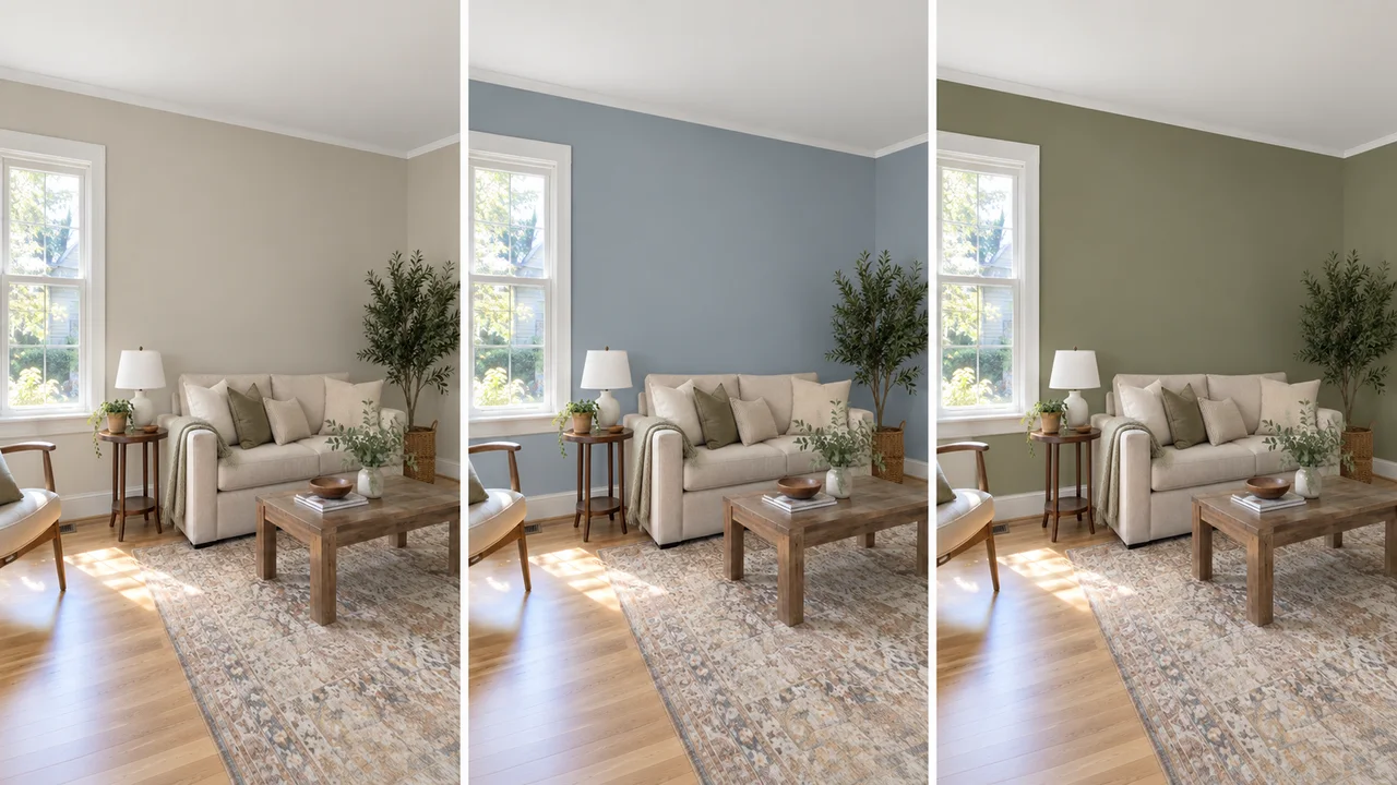 One living room previewed in greige, dusty blue and olive green