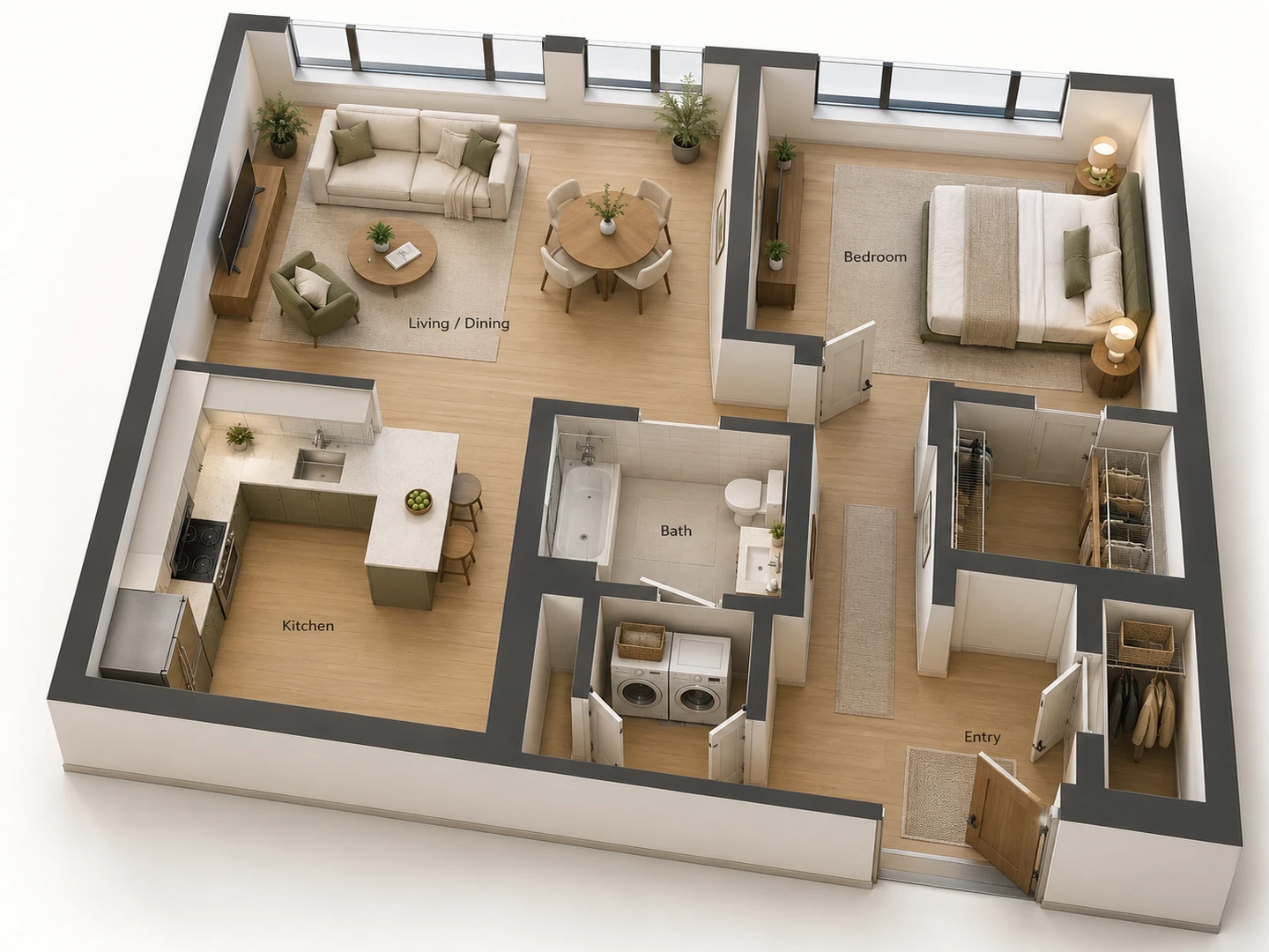 750 sq ft one-bedroom condo as a 3D floor plan for the listing — After