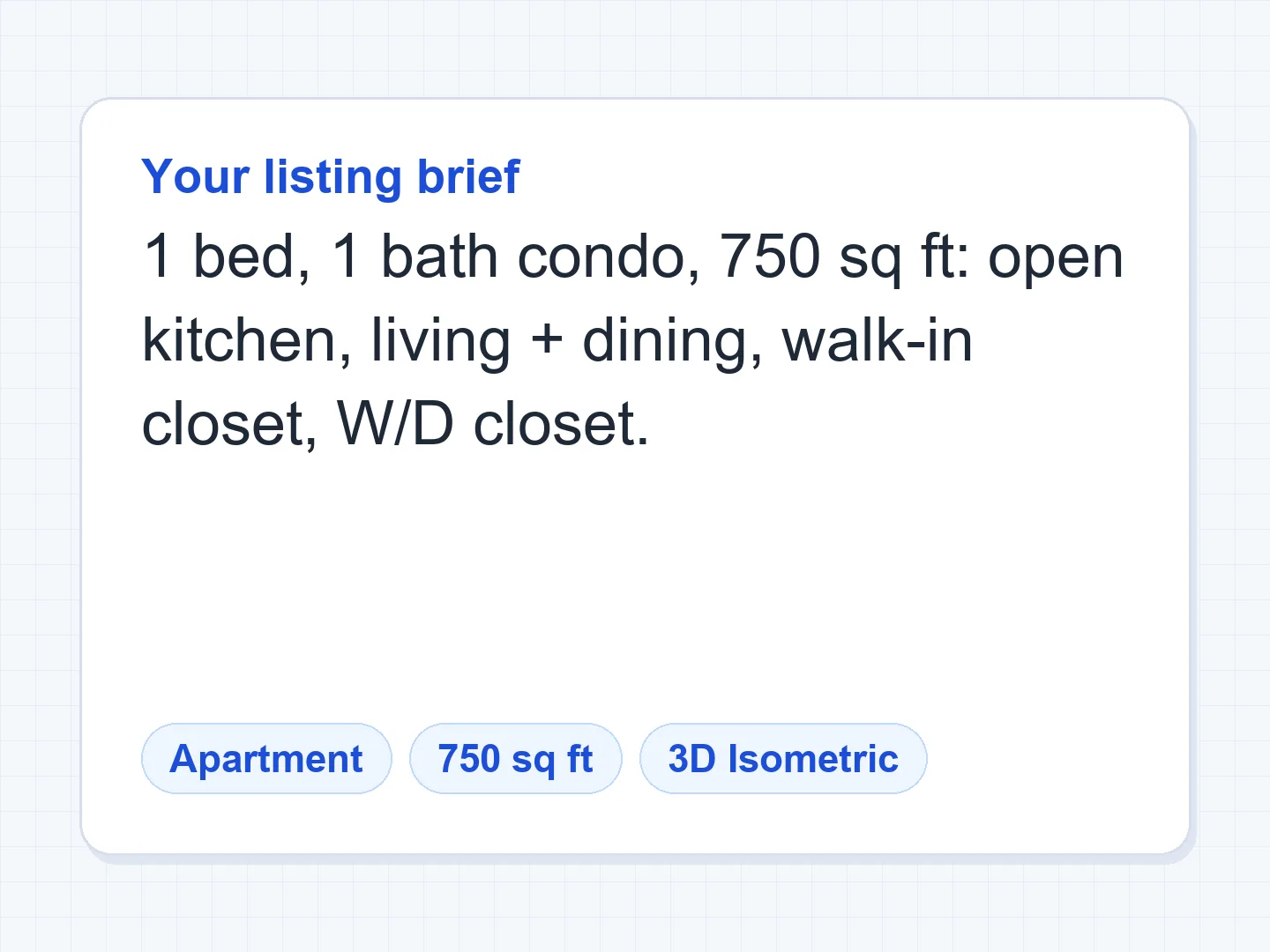 750 sq ft one-bedroom condo as a 3D floor plan for the listing — Before