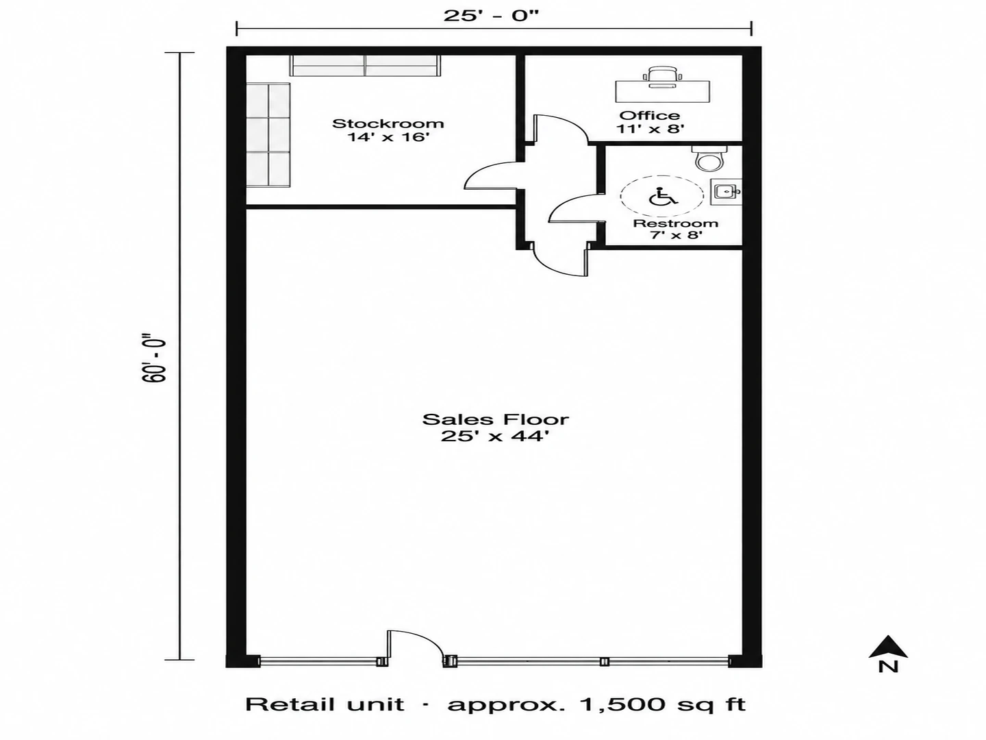 25×60 ft retail unit for lease with the sales floor, stockroom and restroom labeled — After
