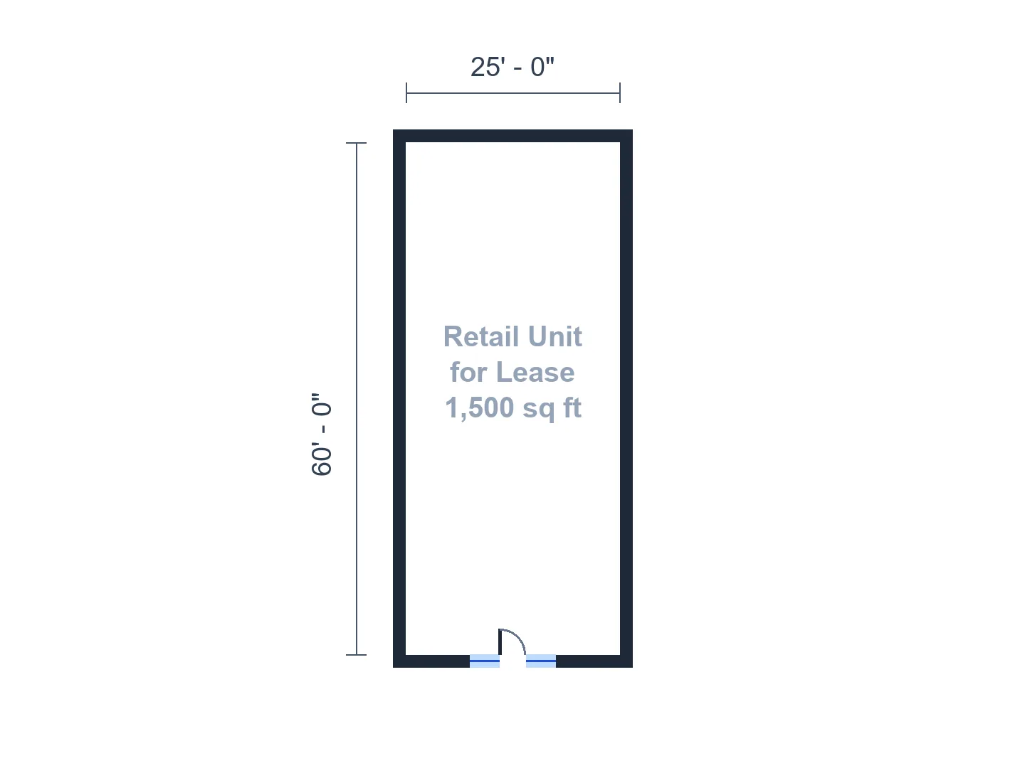 25×60 ft retail unit for lease with the sales floor, stockroom and restroom labeled — Before
