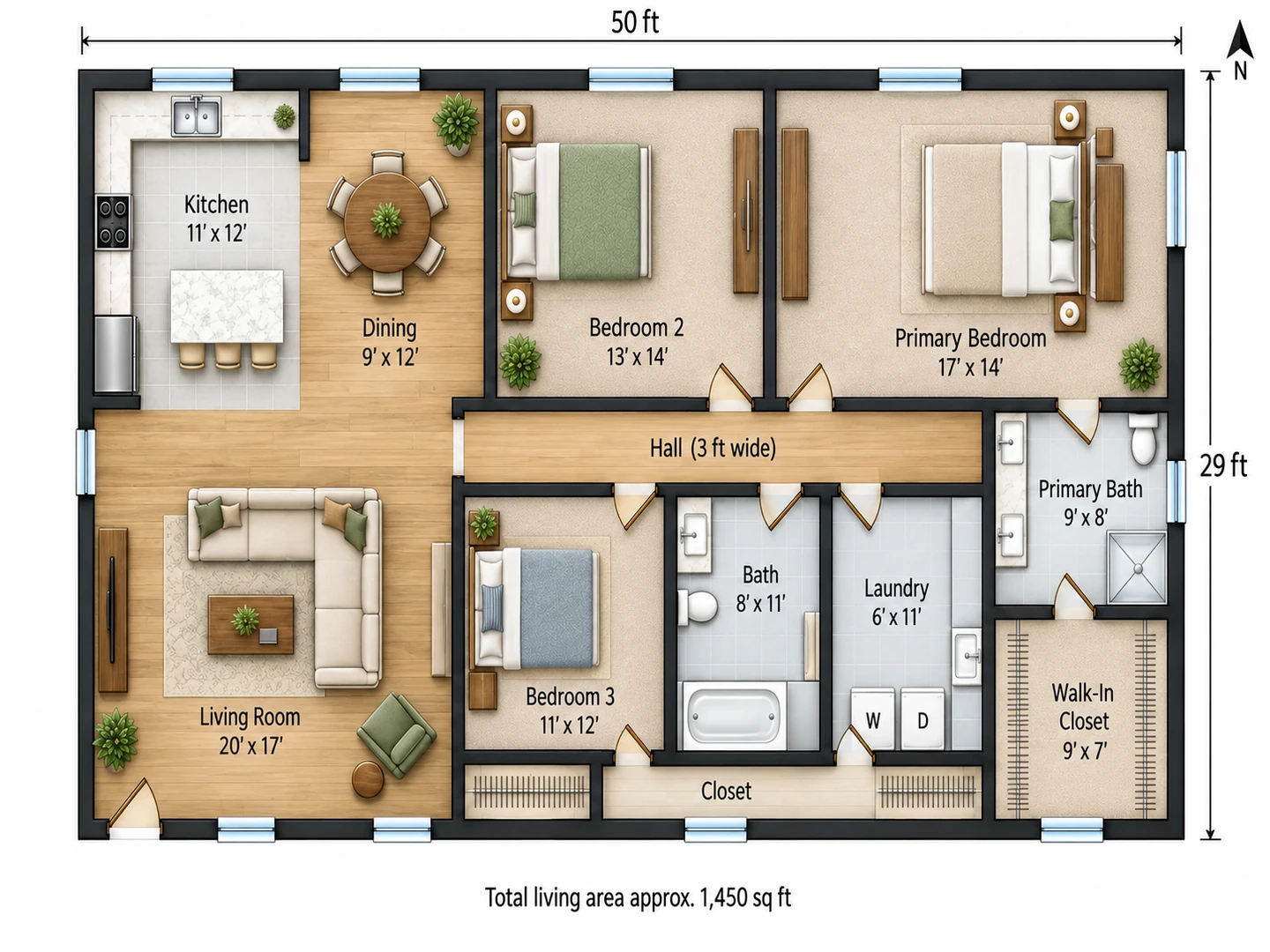 Furnished real estate floor plan of a three-bedroom ranch with room names and dimensions