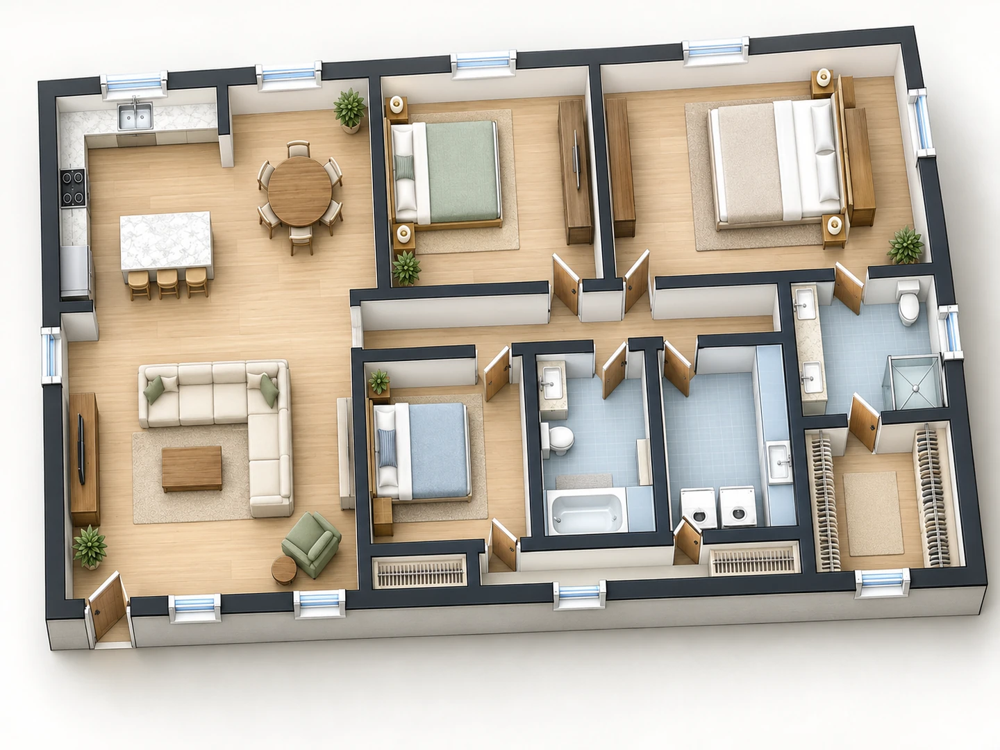 3D floor plan for a real estate listing showing a furnished three-bedroom ranch