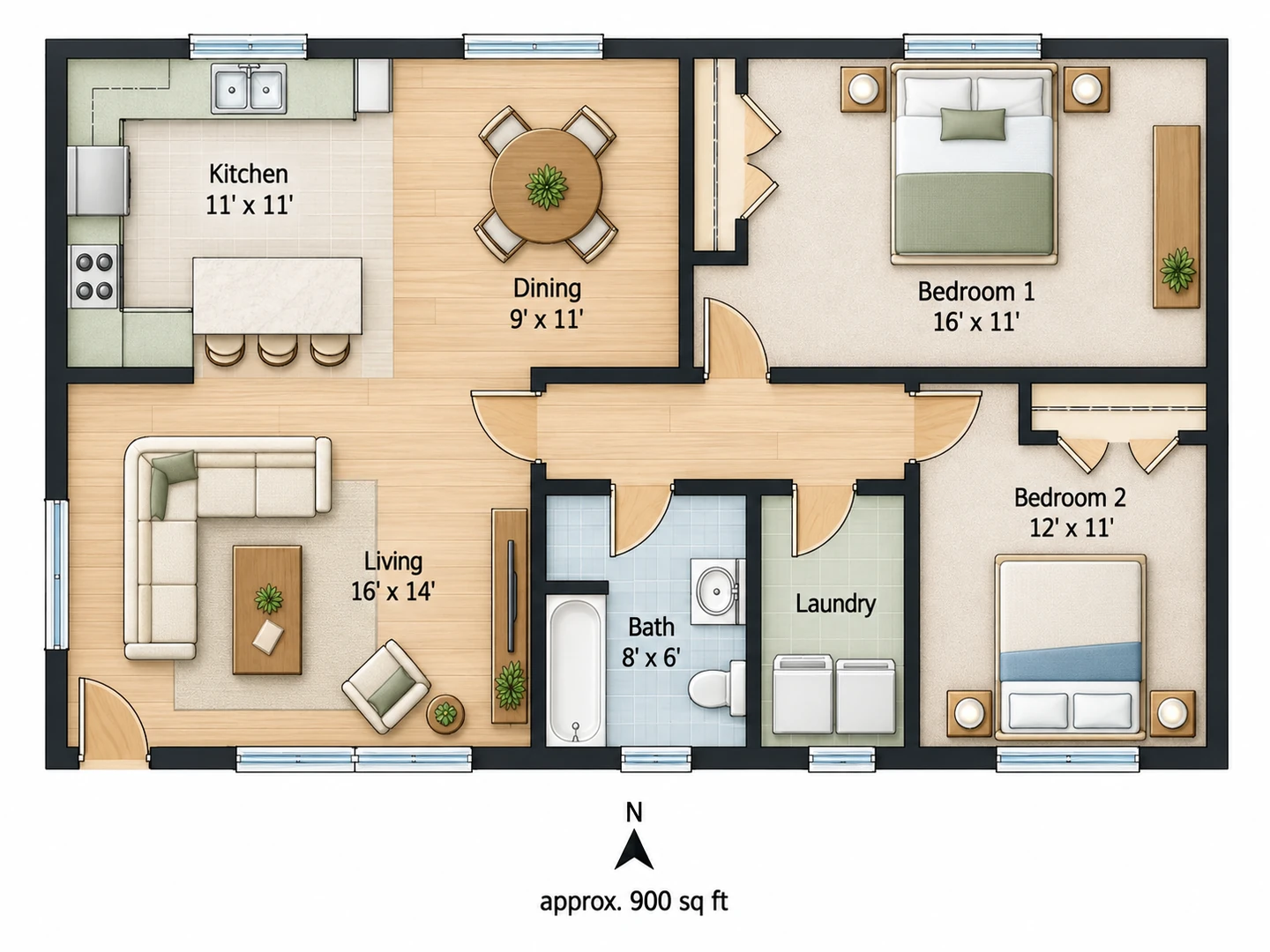 Colored real estate floor plan of a two-bedroom bungalow redrawn from an old builder plan