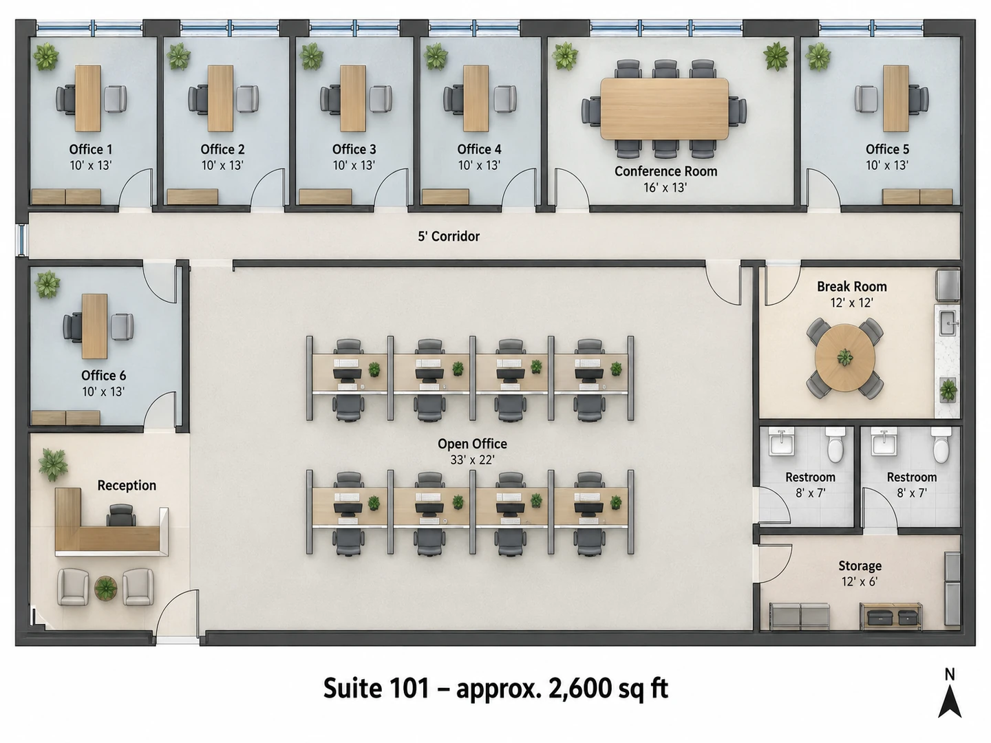 Commercial real estate floor plan of a 2,600 sq ft office suite with private offices, a conference room and an open office area