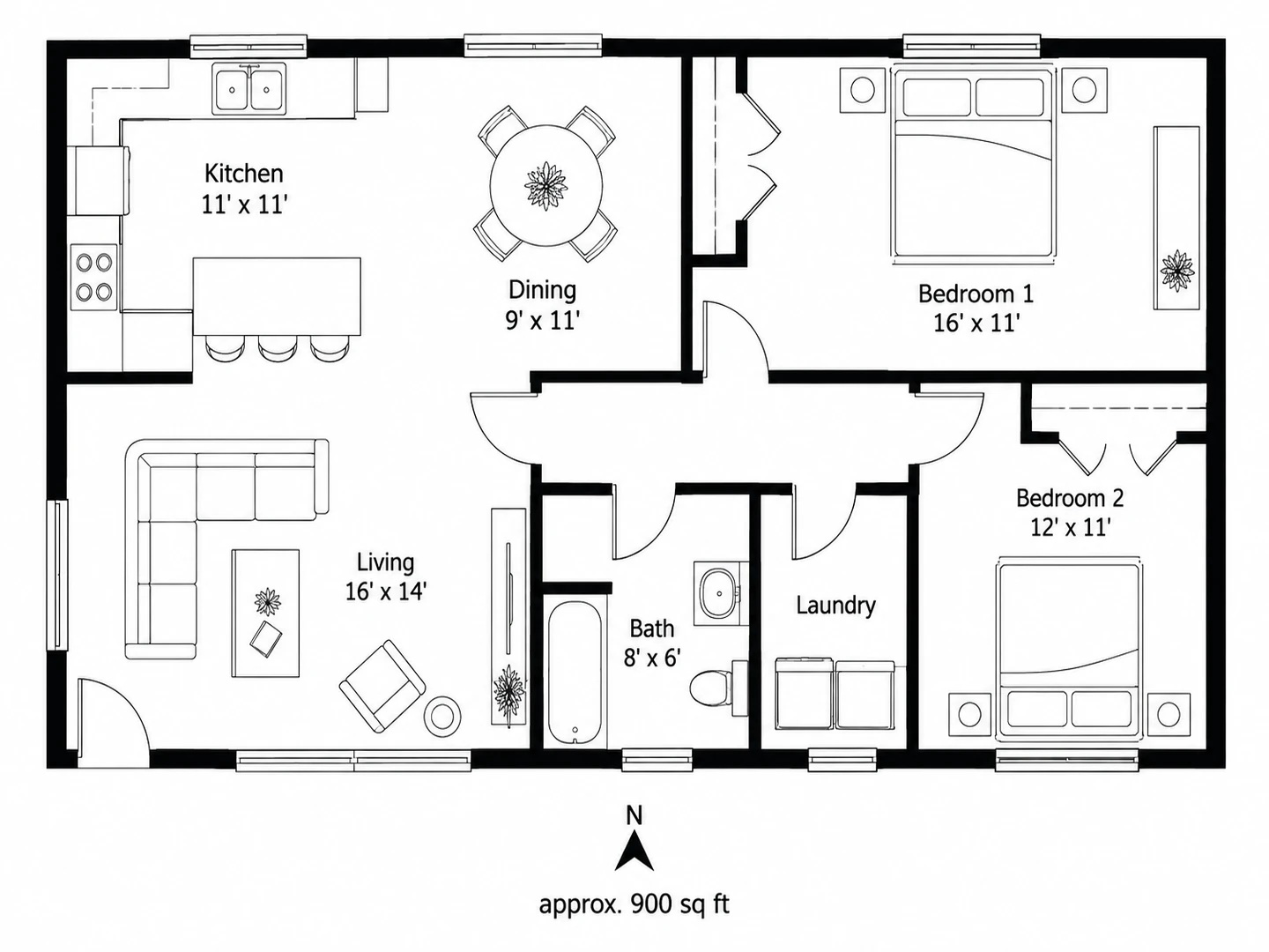 Black-and-white real estate floor plan of a two-bedroom bungalow with room dimensions and a north arrow