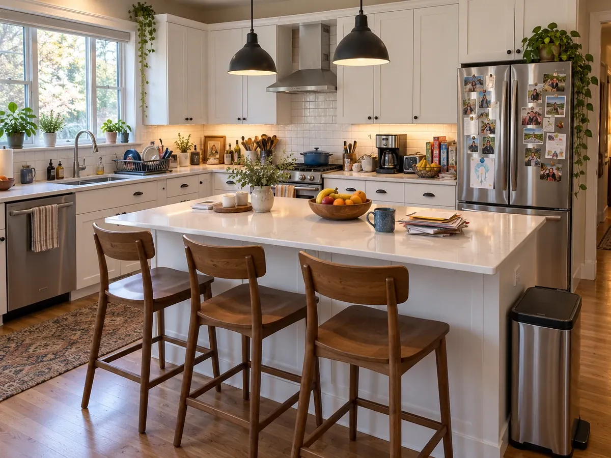 Declutter: Kitchen Counters Cleared, Stools Kept — Before