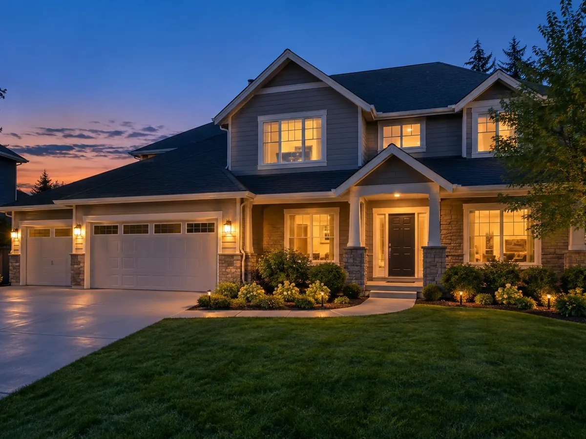 Illustrative AI image: a two-story house at dusk with warm light in its windows and a deep blue sky