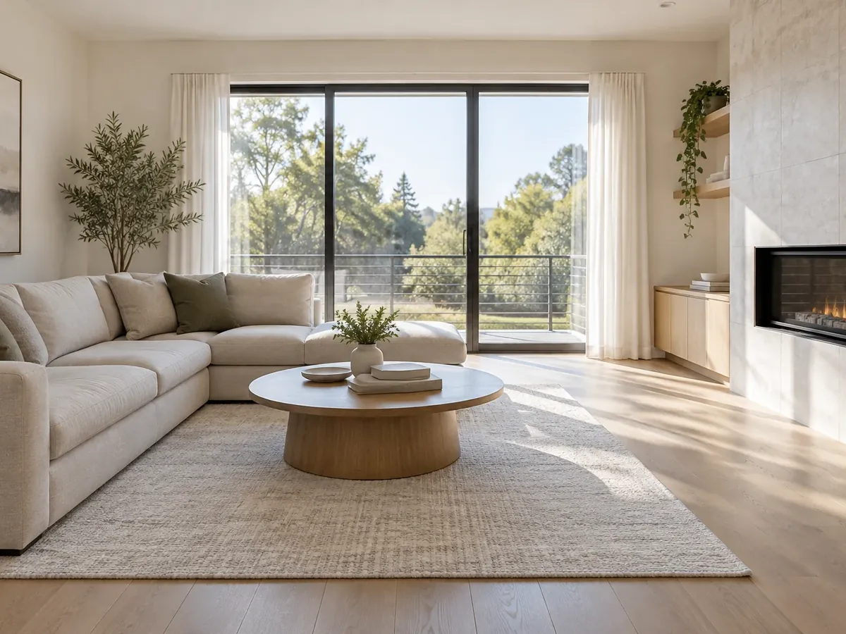Illustrative AI image: a bright living room listing photo with balanced window light and trees visible through glass doors