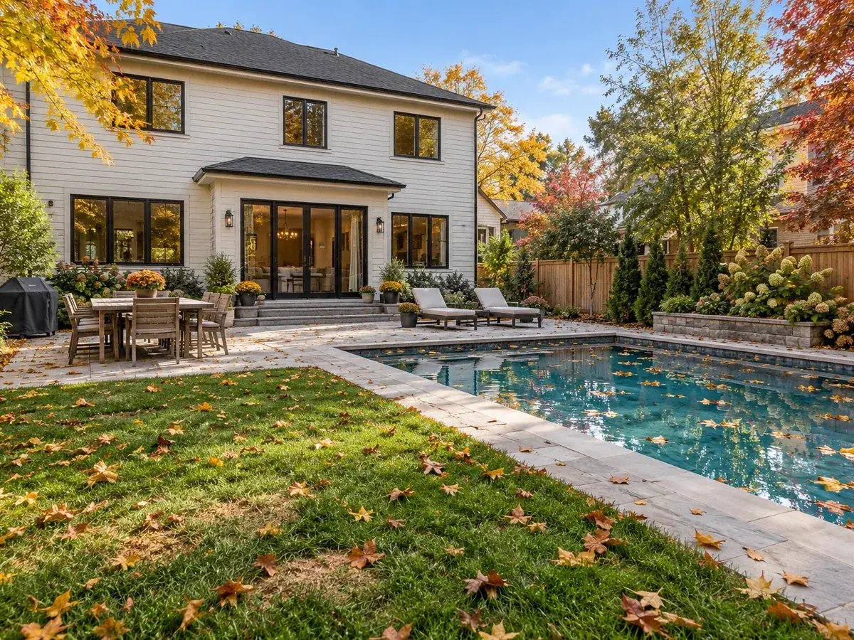 Lawn & Pool Touch-Up: Leaves Cleared from Lawn and Pool — Before