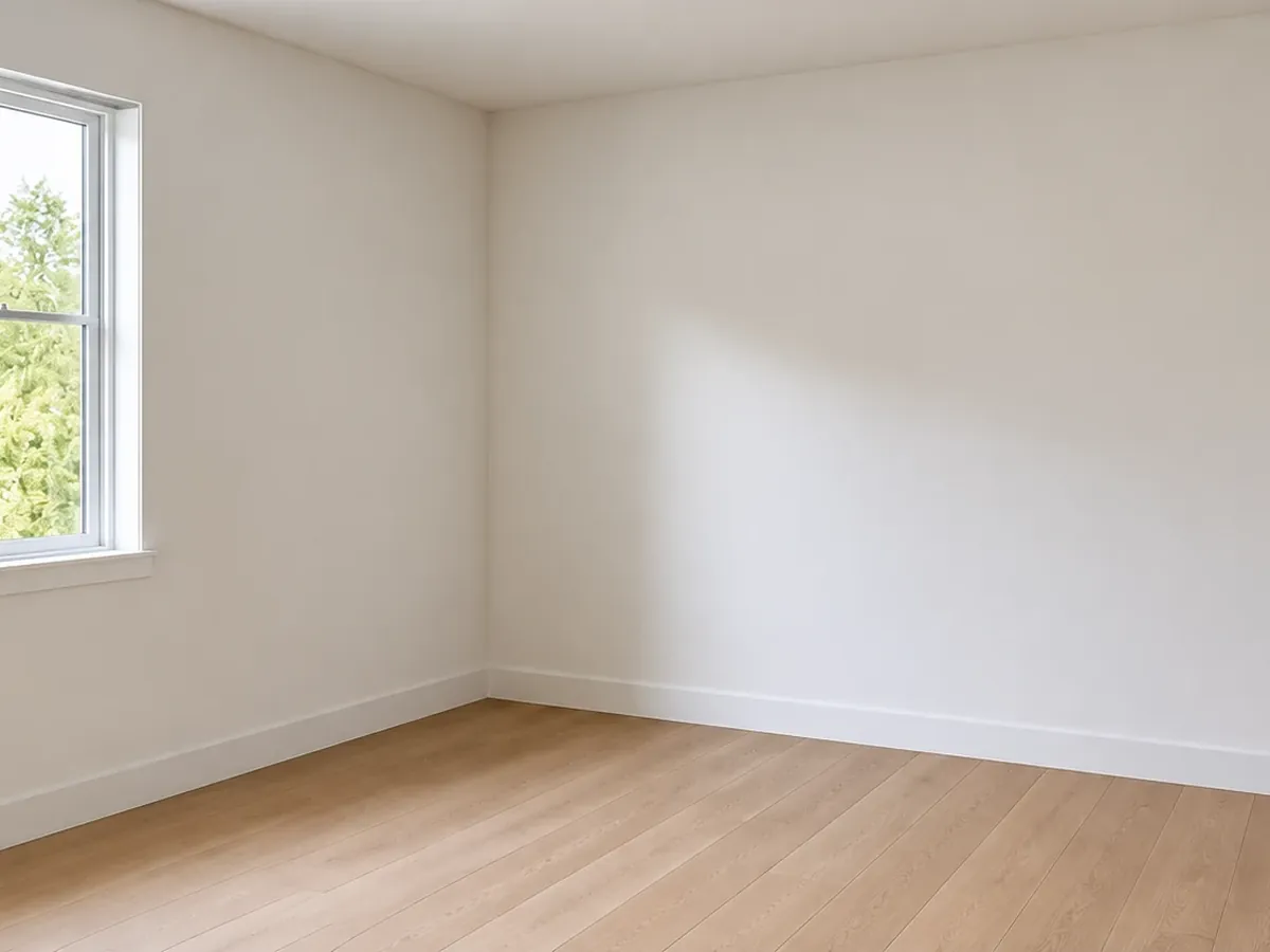 Illustrative AI image: an empty room with bare wood floor, white walls and one window, ready for virtual staging