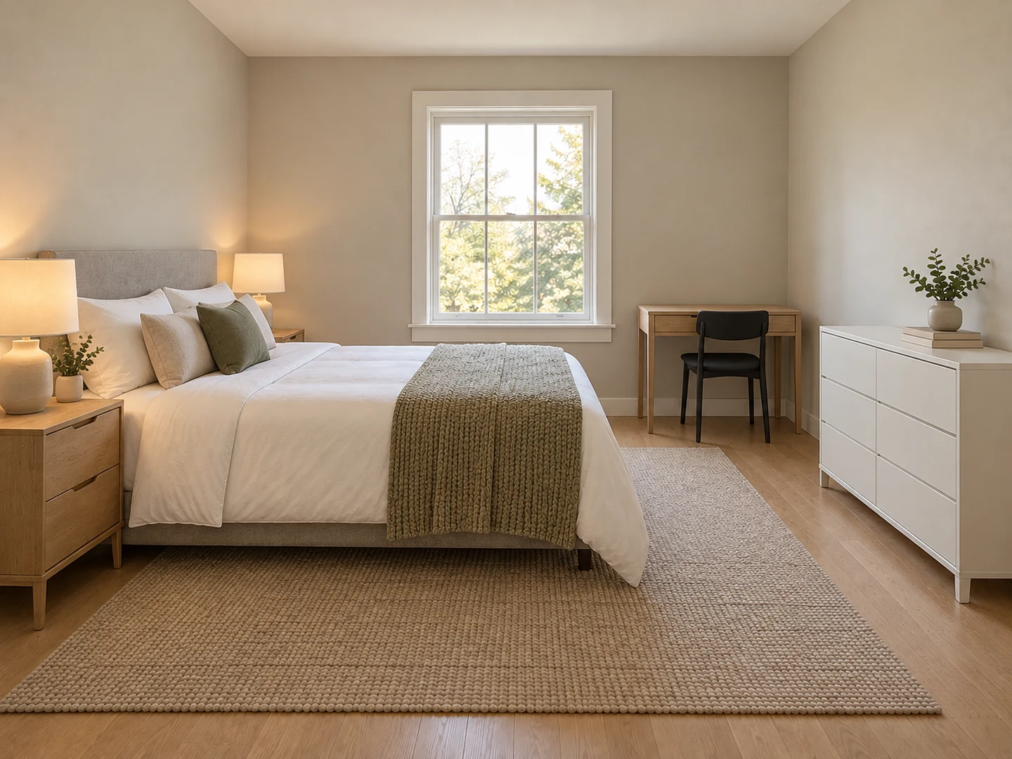 Bedroom: bed off the door line, desk beside the window — After