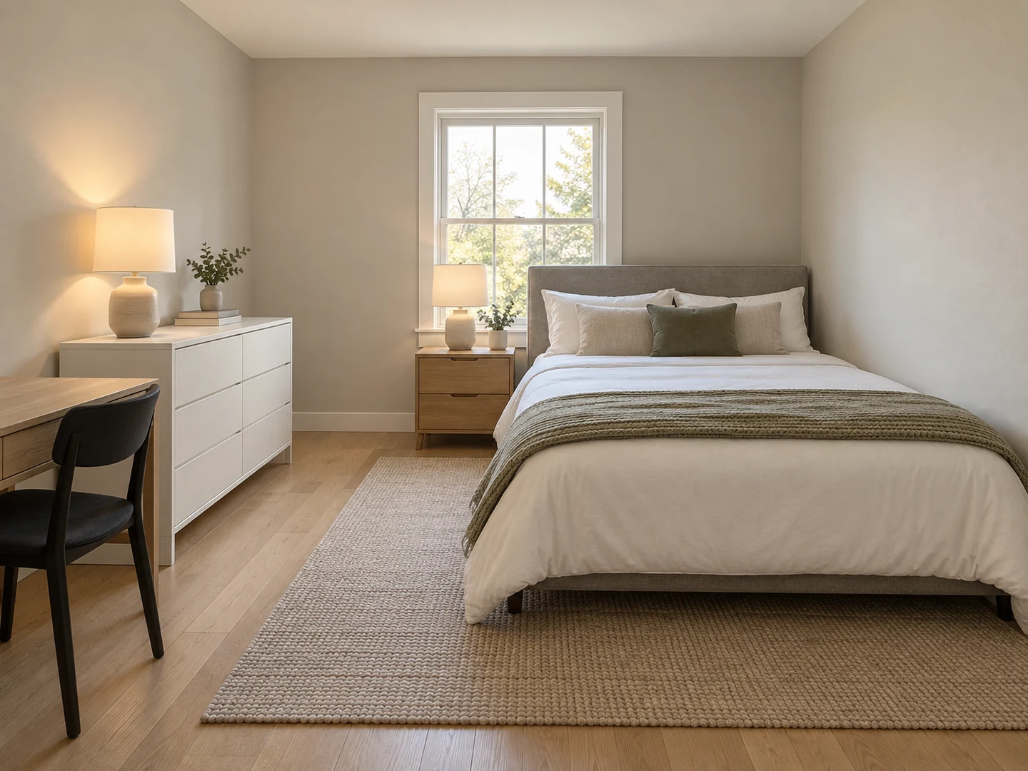 Bedroom: bed off the door line, desk beside the window — Before