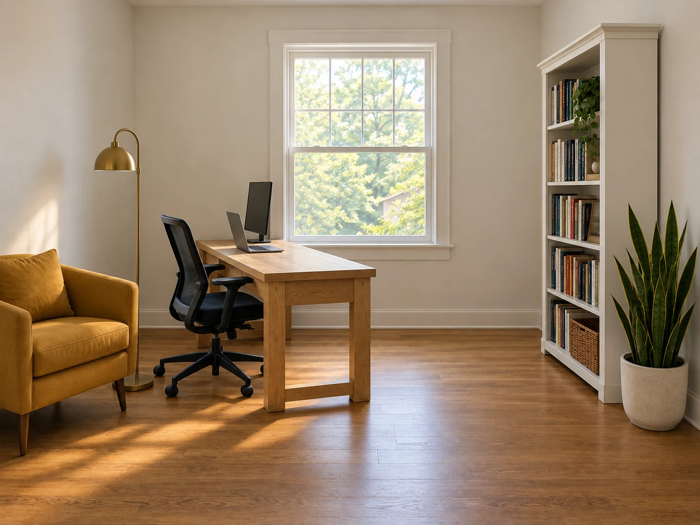 Home office: desk side-on to the window, bookcase off the glass — After
