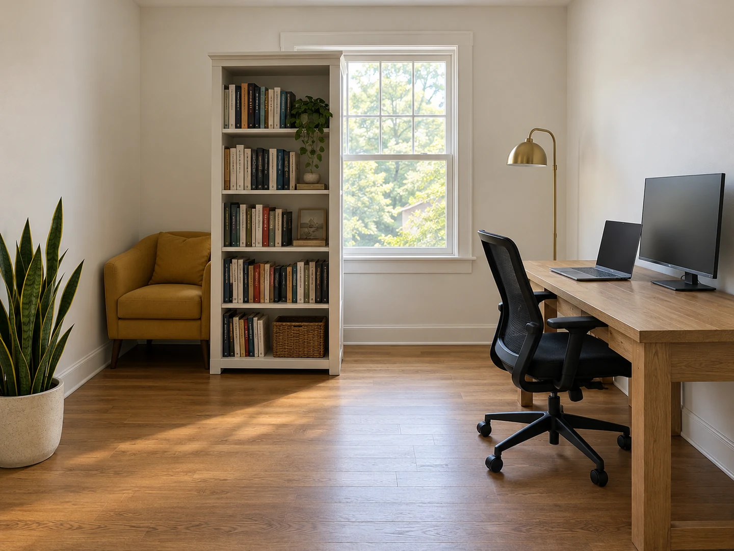 Home office: desk side-on to the window, bookcase off the glass — Before