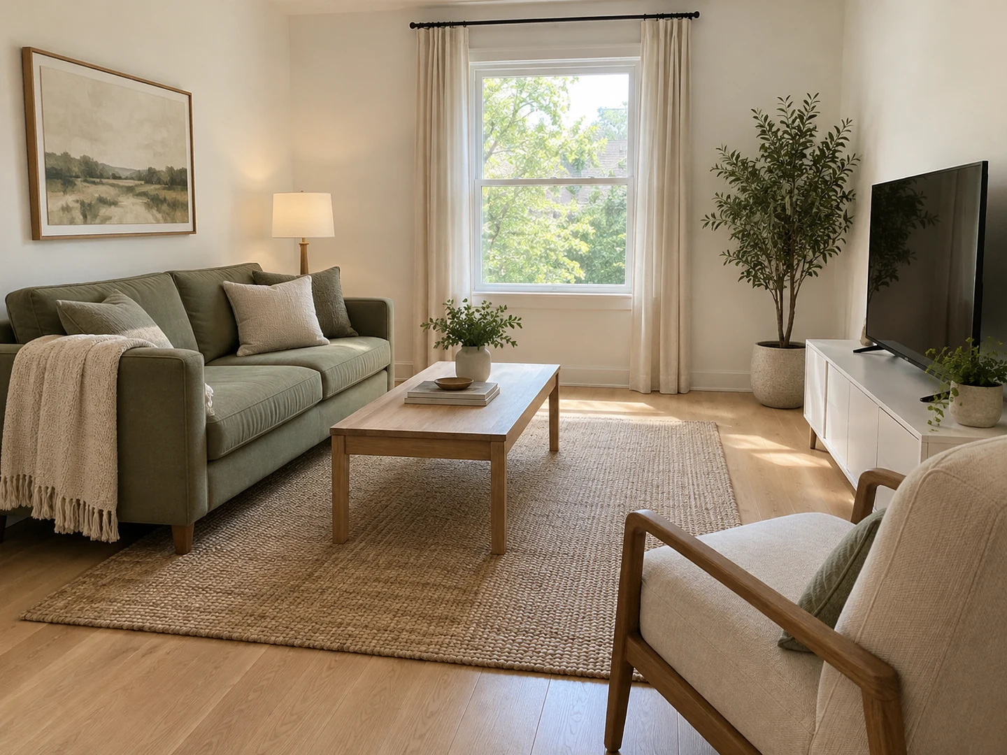 Small living room with the same loveseat, armchair and TV console moved to open up the center