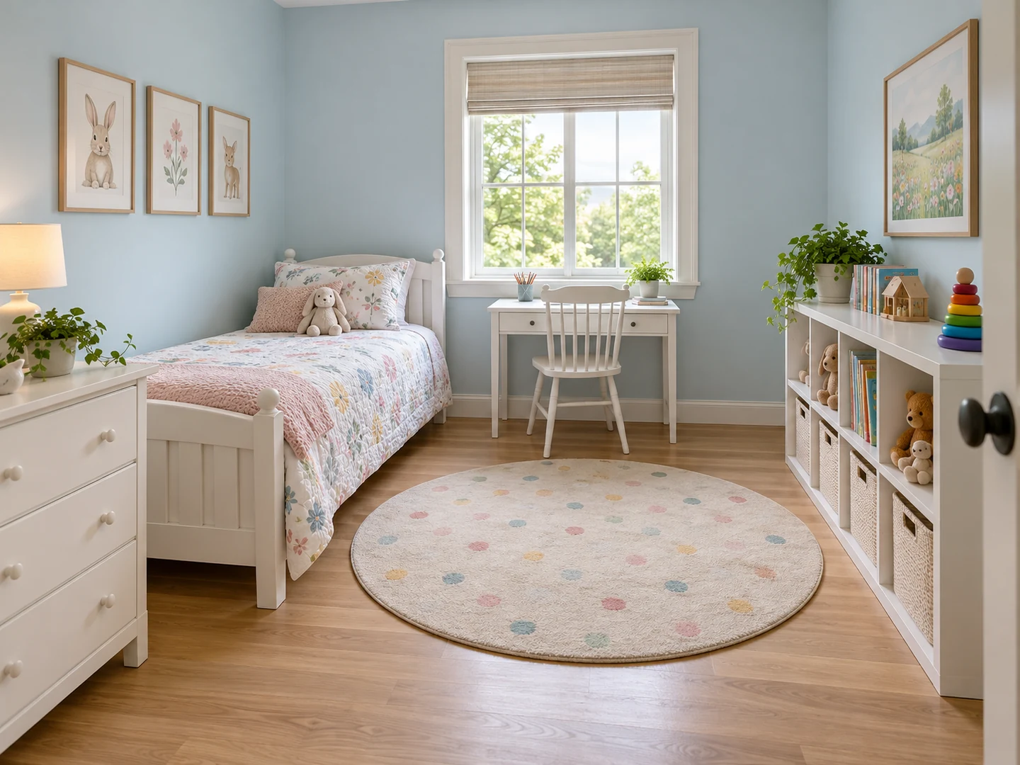 Kids room with the bed, toy shelf and dresser against the walls and an open play floor in the middle