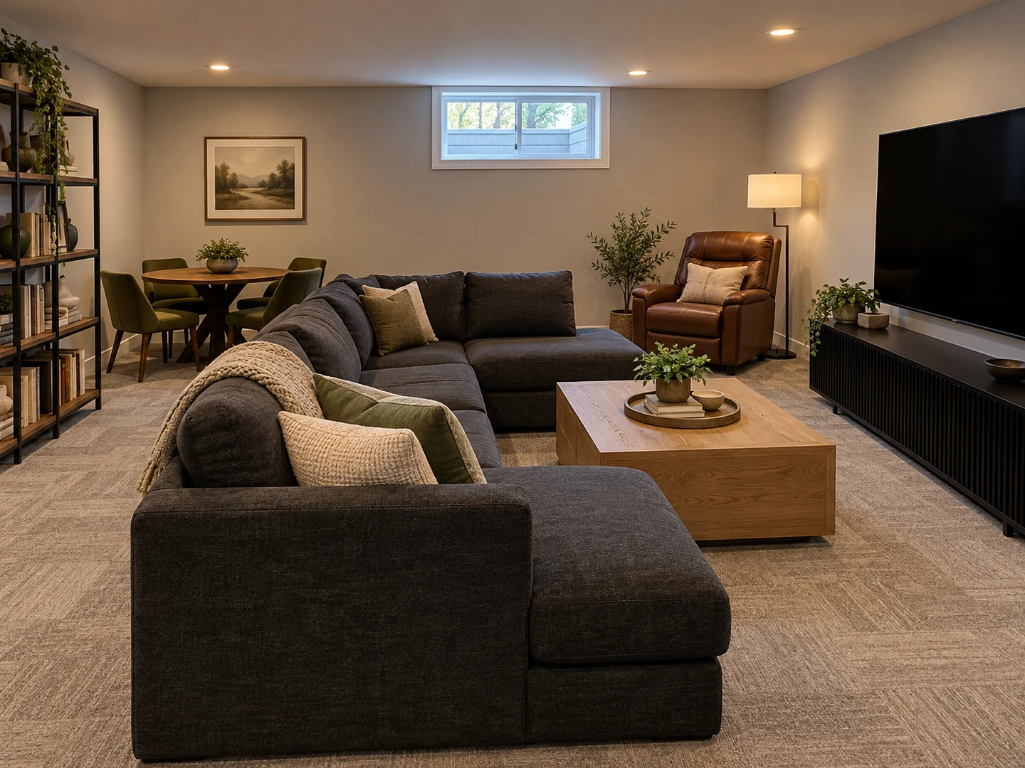 Basement family room with the sectional and recliner turned toward one TV wall