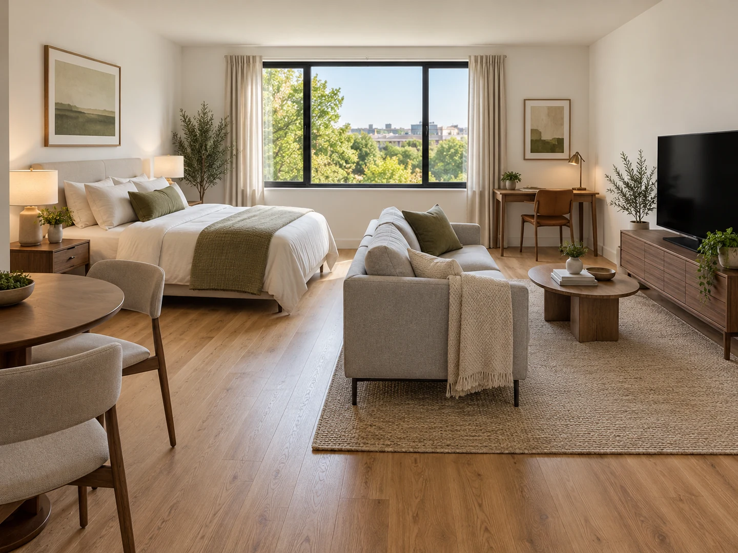 Studio apartment with the back of the sofa screening the bed, the seating facing the TV and a desk by the window