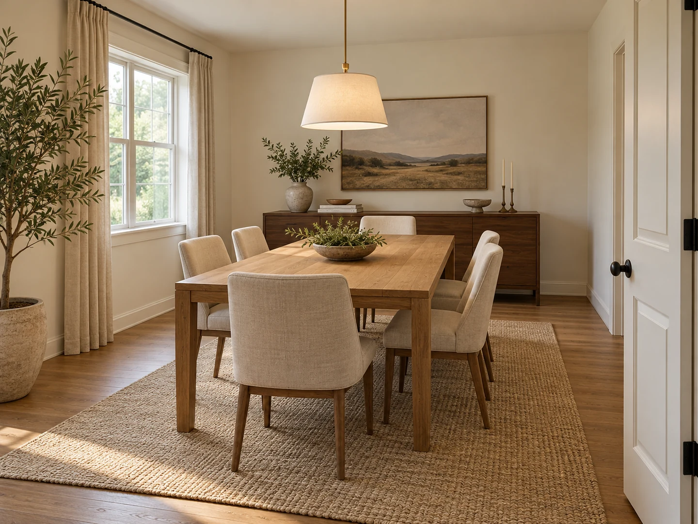 Dining room with its own table, six chairs and buffet rearranged so every chair can pull out