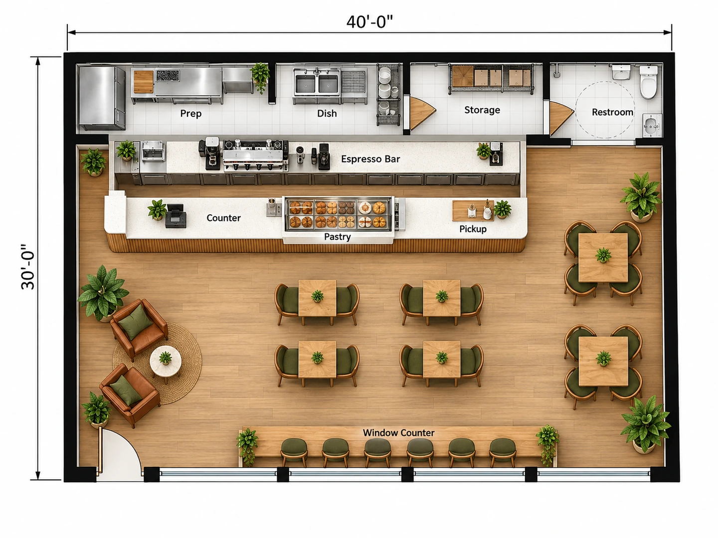 Furnished 2D floor plan of a 1,200 sq ft coffee shop with about 30 seats