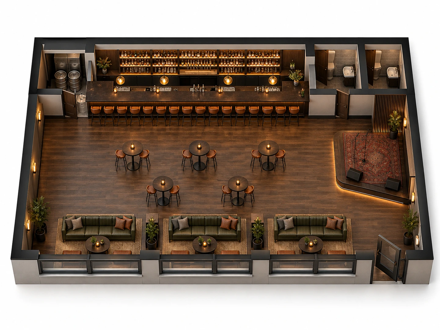 Bar and lounge with a 16-seat bar, in 3D — After