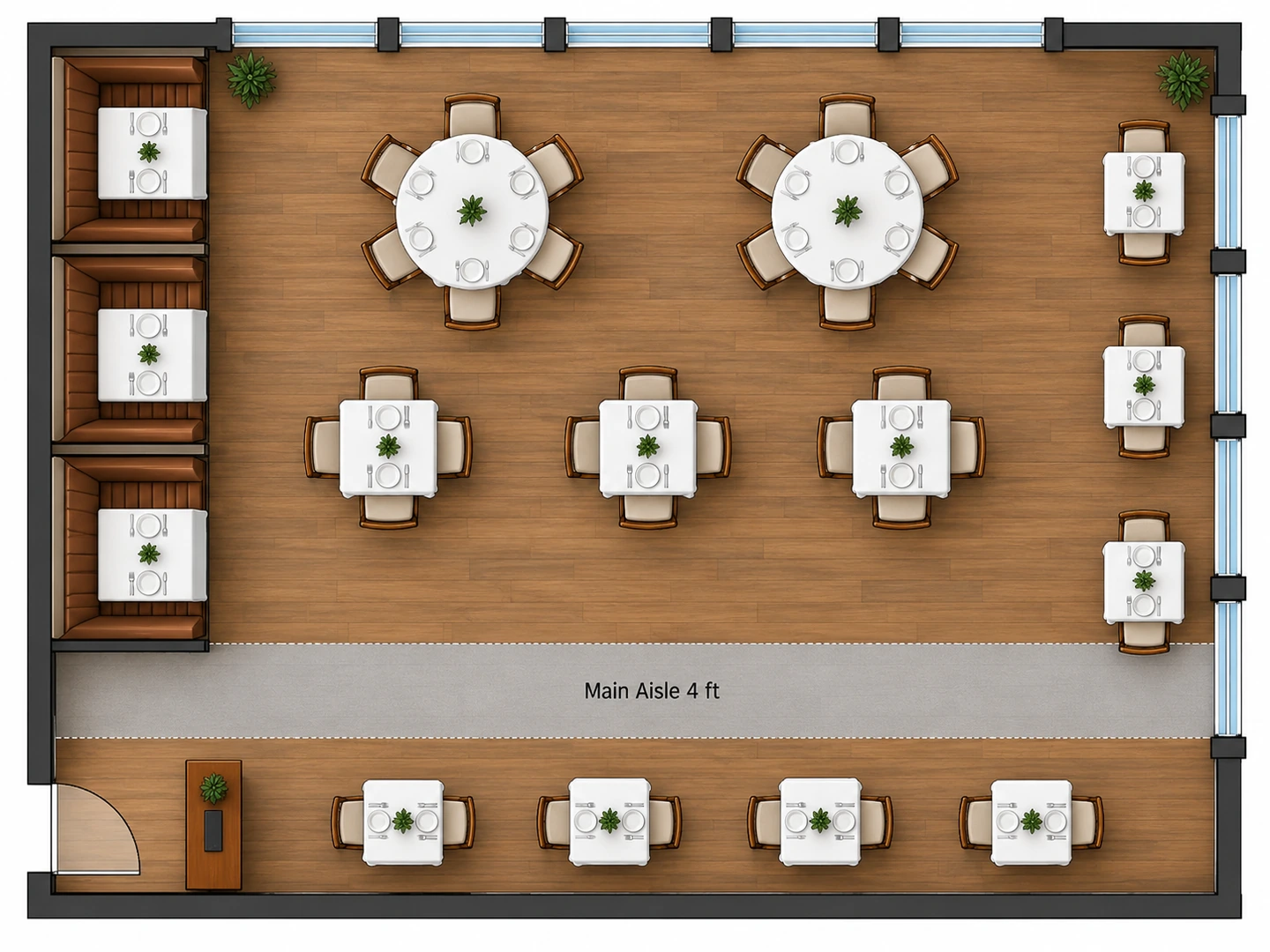 Restaurant seating plan with booths, round 6-tops, 4-tops and 2-tops off a main aisle