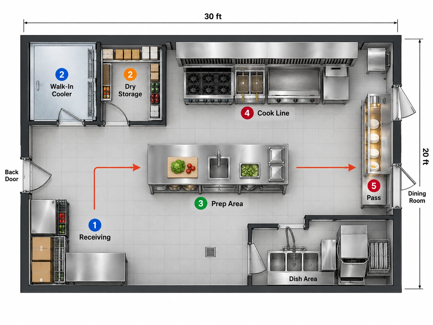 Restaurant kitchen layout numbered from receiving and walk-in to prep, cook line and pass