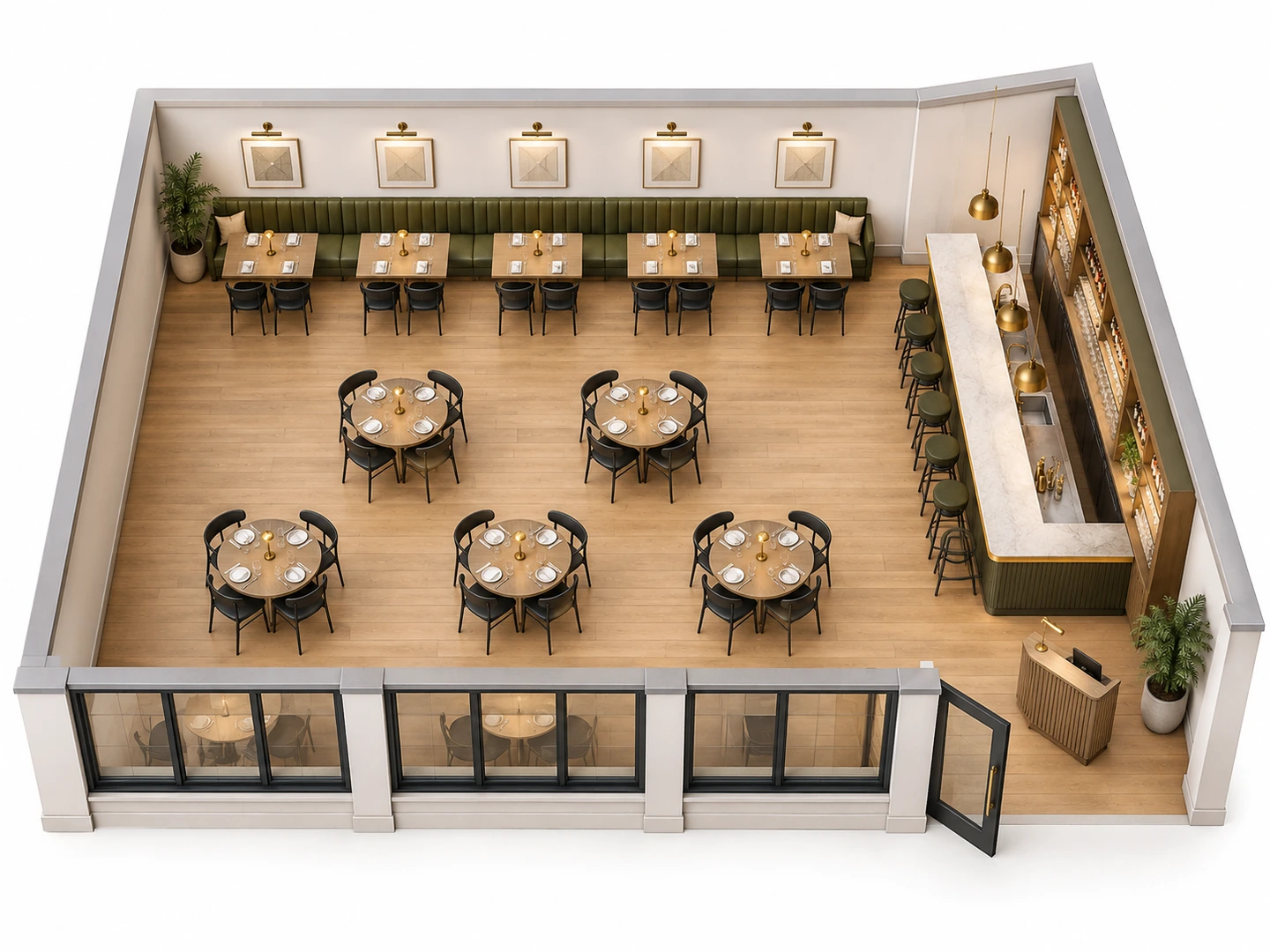 3D isometric contemporary restaurant with a long banquette, round tables and a bar