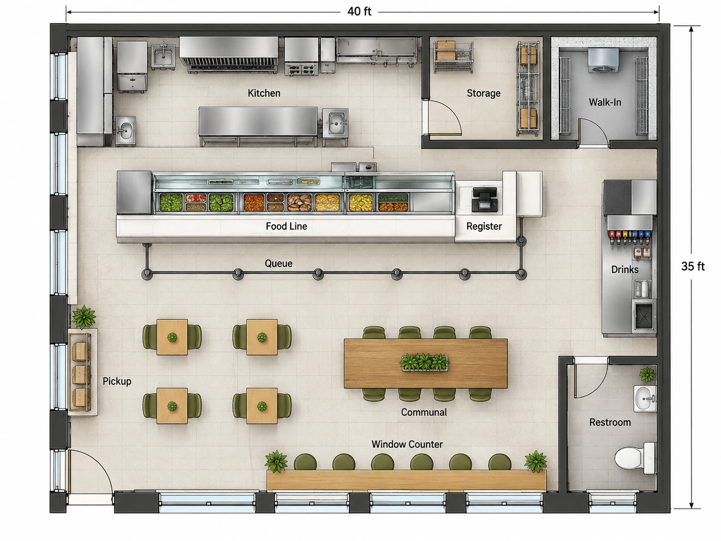 Fast casual restaurant layout with a queue along the food line, register and pickup shelf