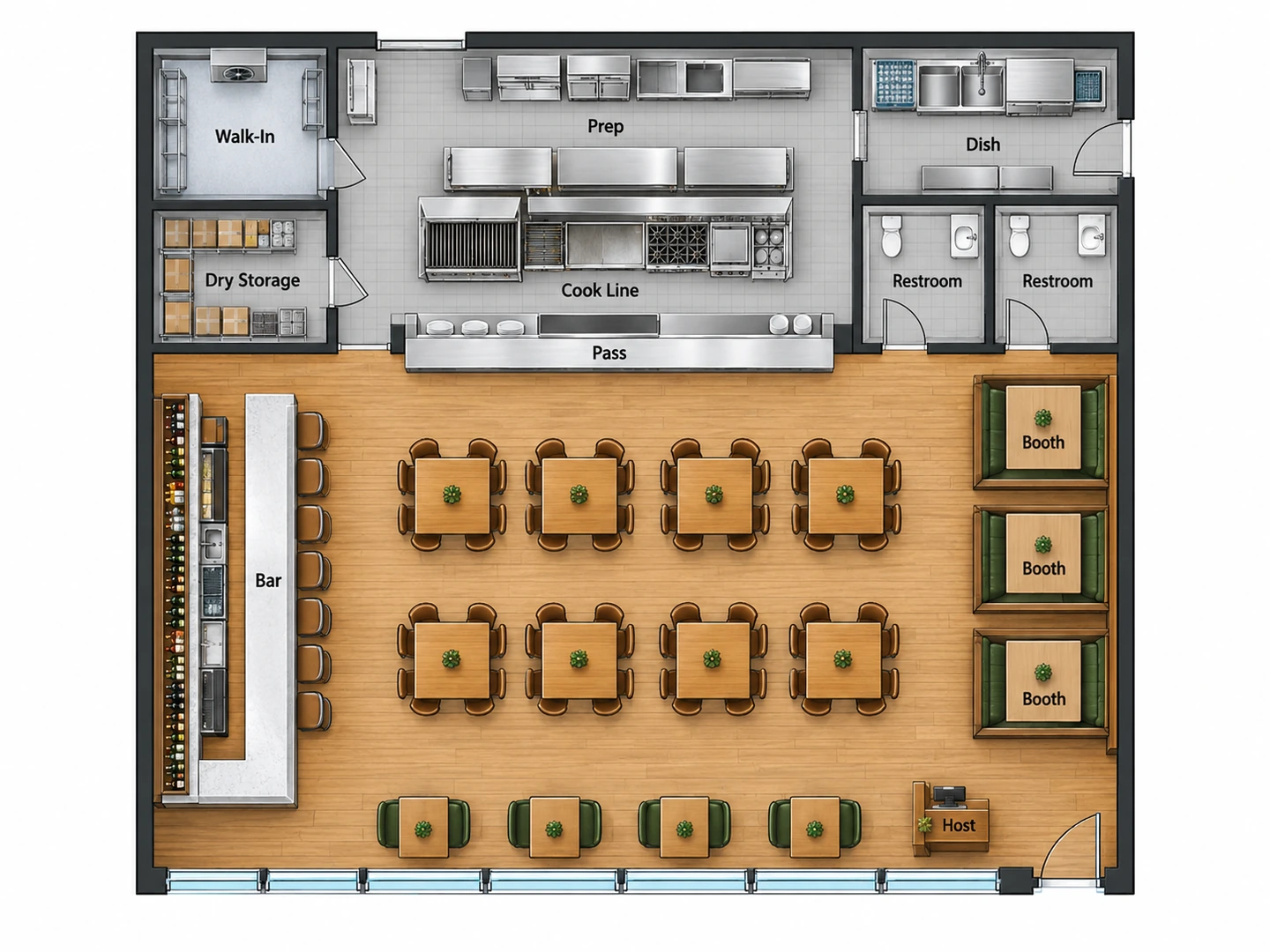 Colored 2D floor plan of a 2,500 sq ft restaurant with about 60 seats