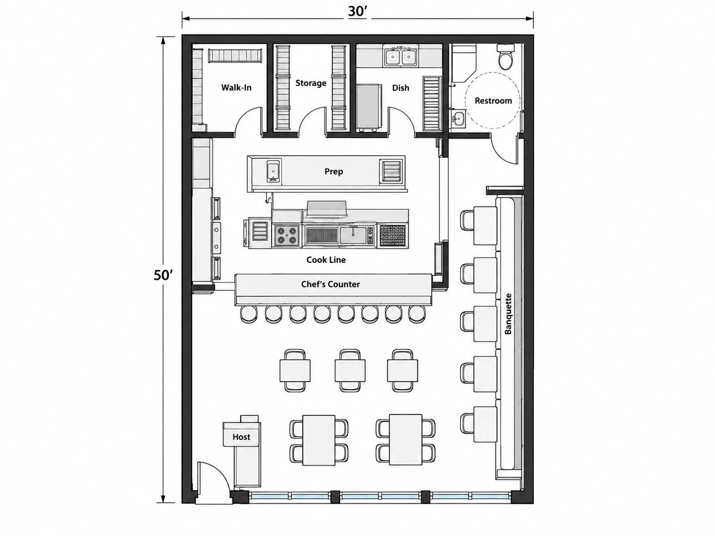 Small restaurant floor plan with an open kitchen, chef’s counter and banquette seating
