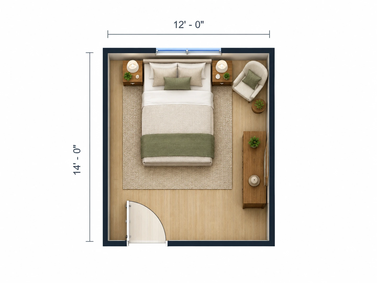 Furnished 2D layout of a 12 by 14 ft bedroom with a queen bed and dresser