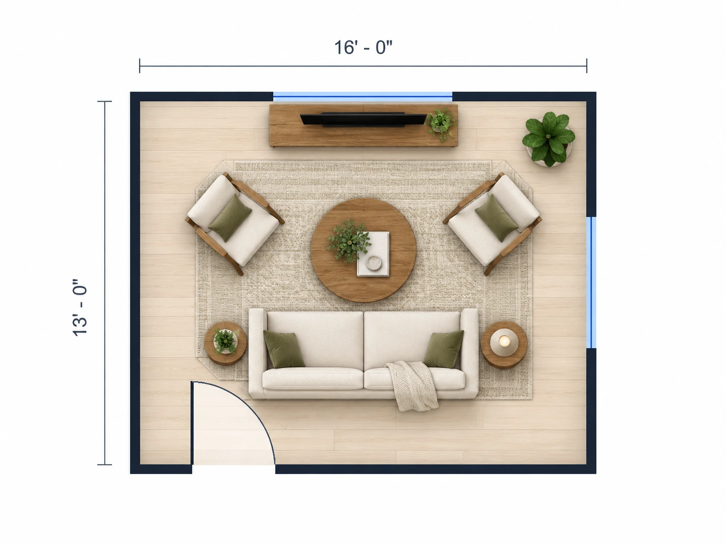 Furnished 2D layout of a 16 by 13 ft living room with sofa, armchairs and TV wall