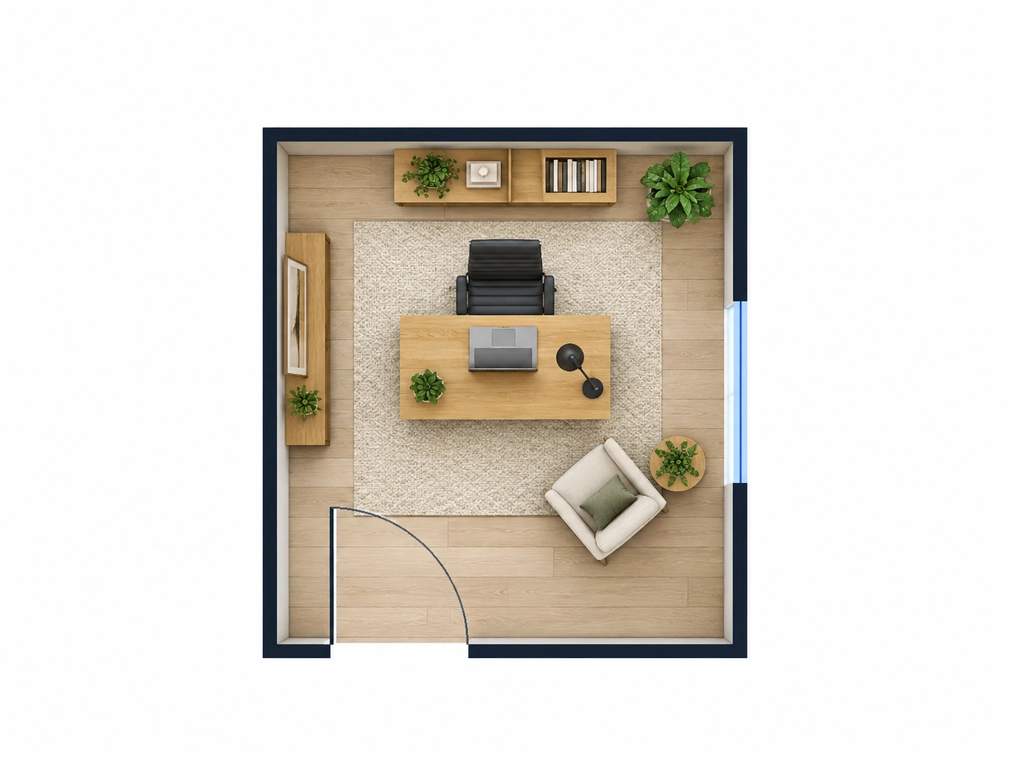 Furnished 2D layout of a 10 by 11 ft home office with a floating desk