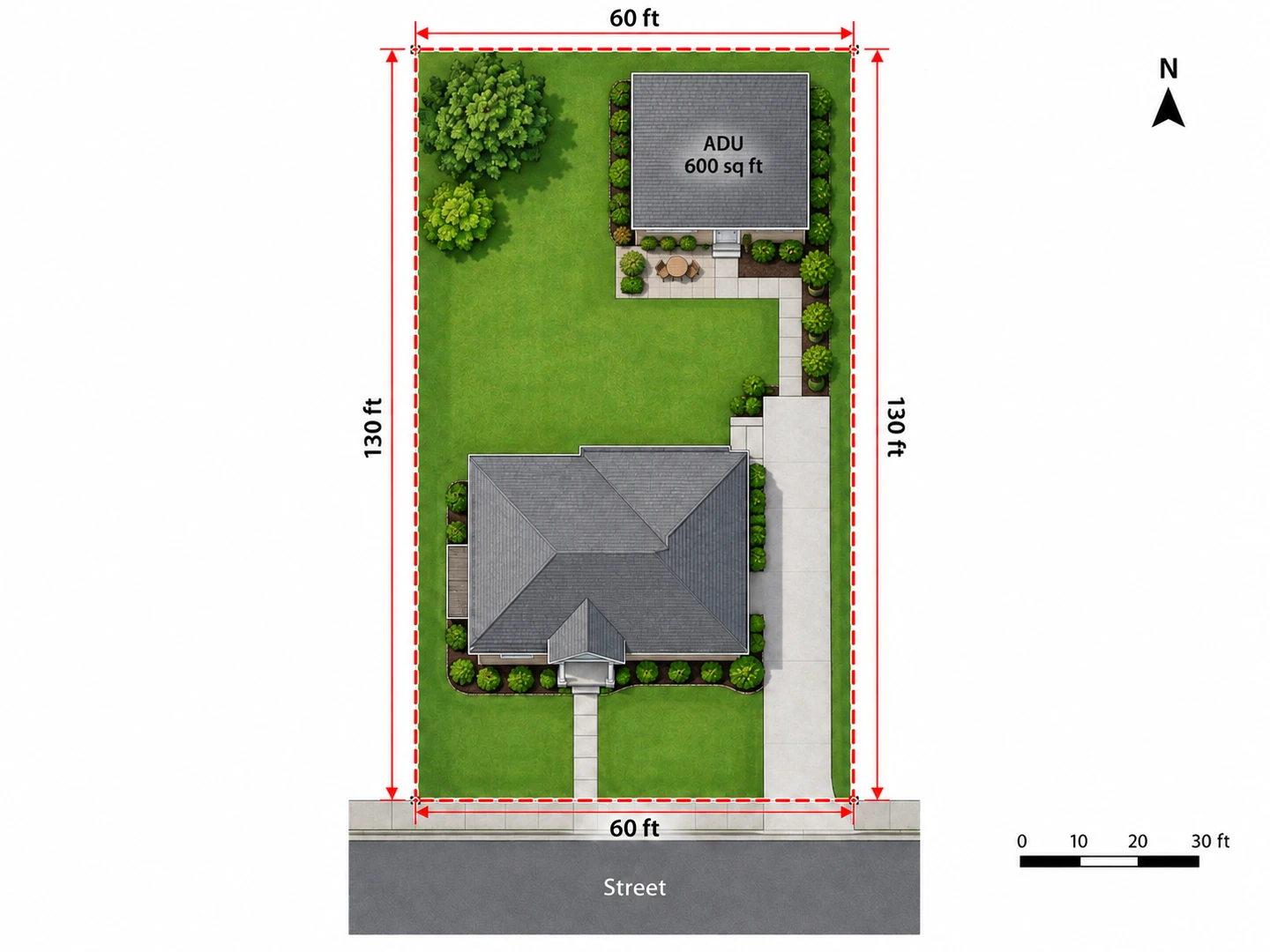 Existing 60×130 ft lot, then a 600 sq ft backyard ADU added — After