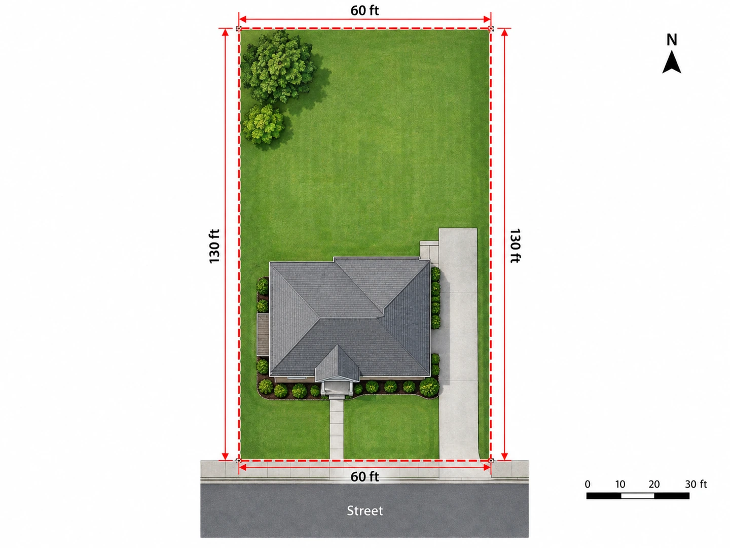 Existing 60×130 ft lot, then a 600 sq ft backyard ADU added — Before